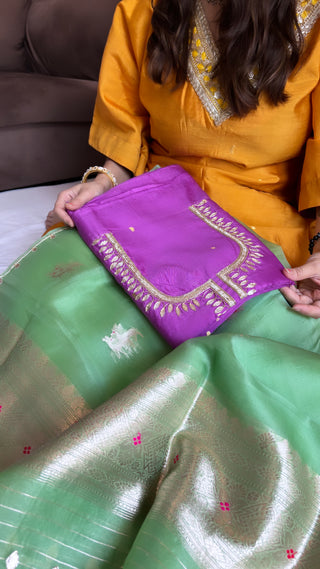 Purple-green hand embroidered kadhwa suit set from vyaah wala ghar edit