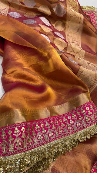 Kanjivaram rani pink maharani tissue silk meenakari border saree