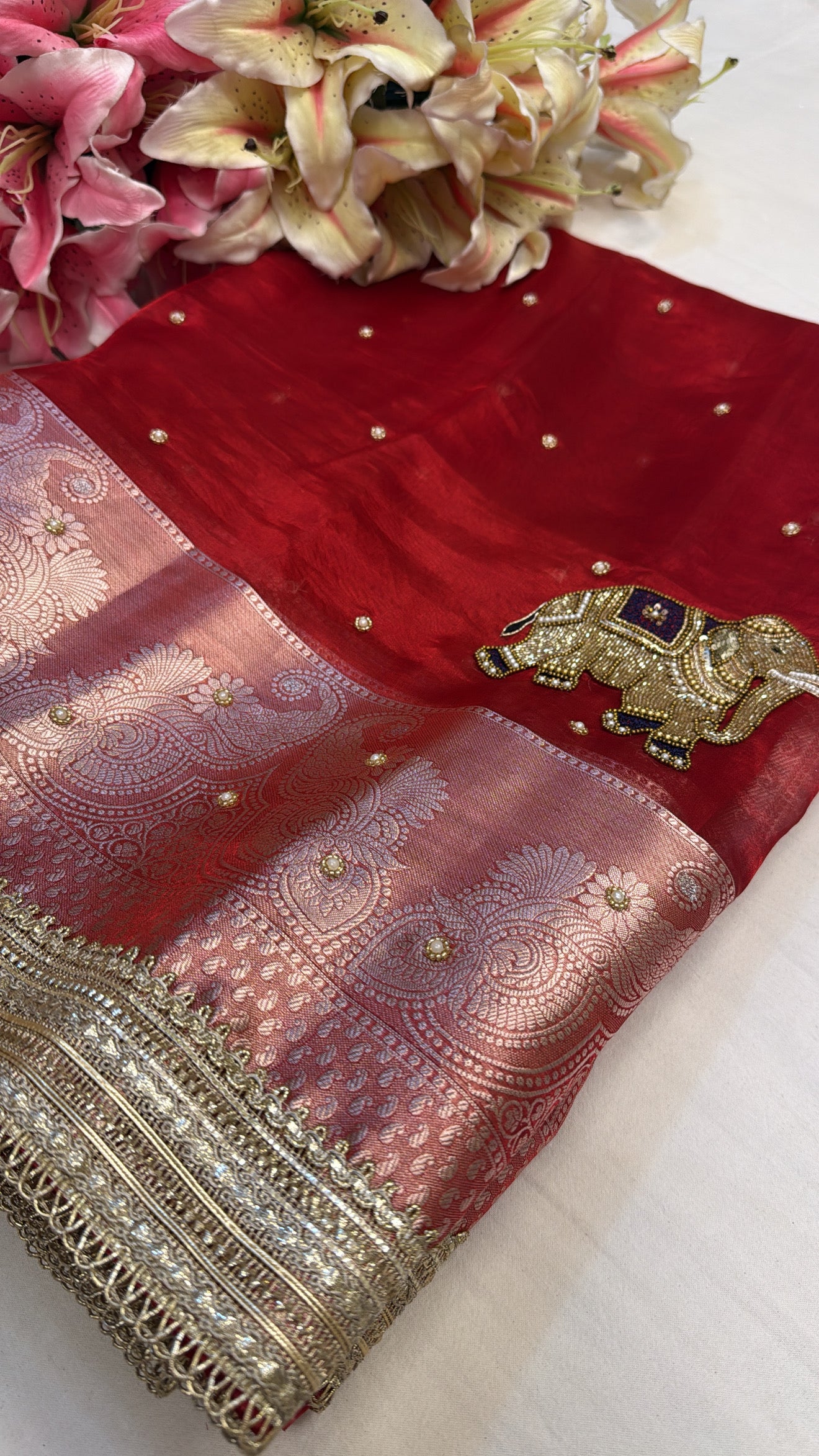 Bridal red husn tissue silk elephant motif hand embroidered saree