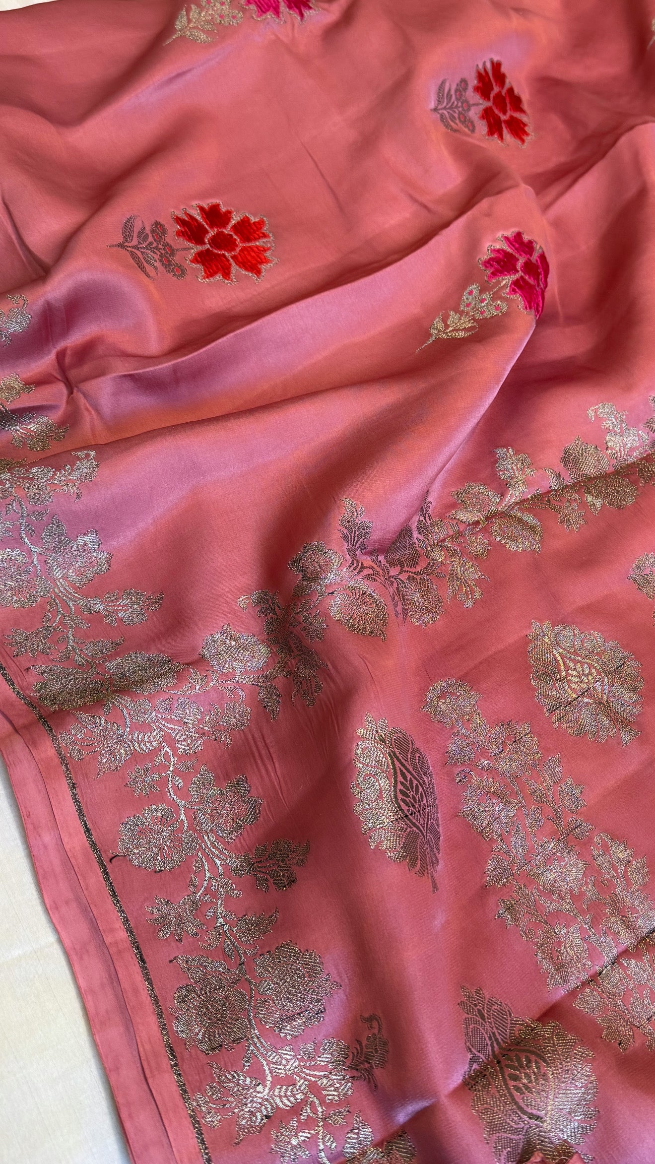 Brick peach banarasi mashru silk velvet buti kadhwa weaving antique black zari saree