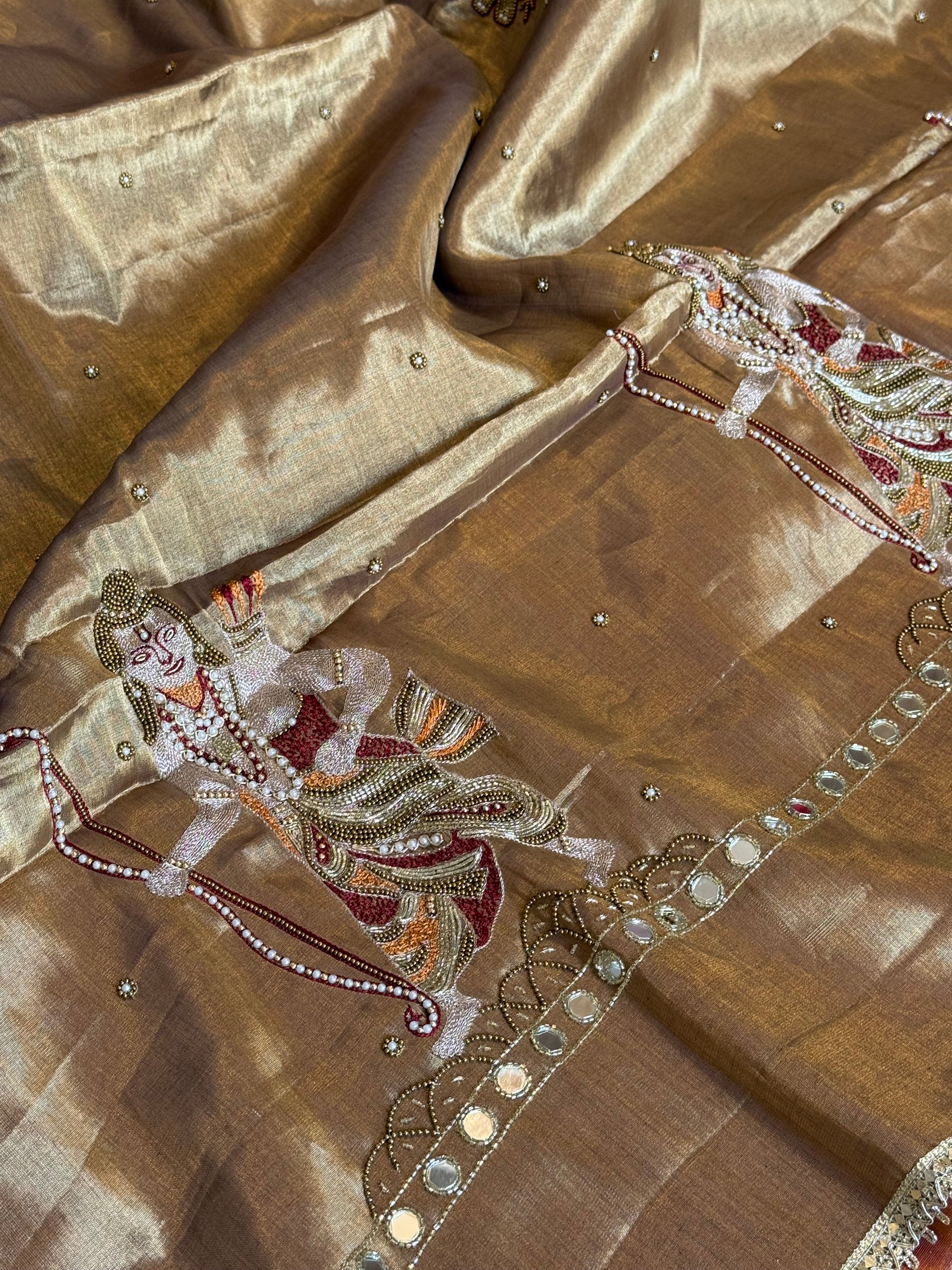 Satin tissue silk antique gold banarasi hand embroidered kadhwa saree