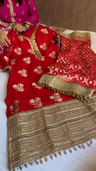 Pakistani drama inspired blood red banarasi gorgette semi-stitched kadhwa gotapatti suit set