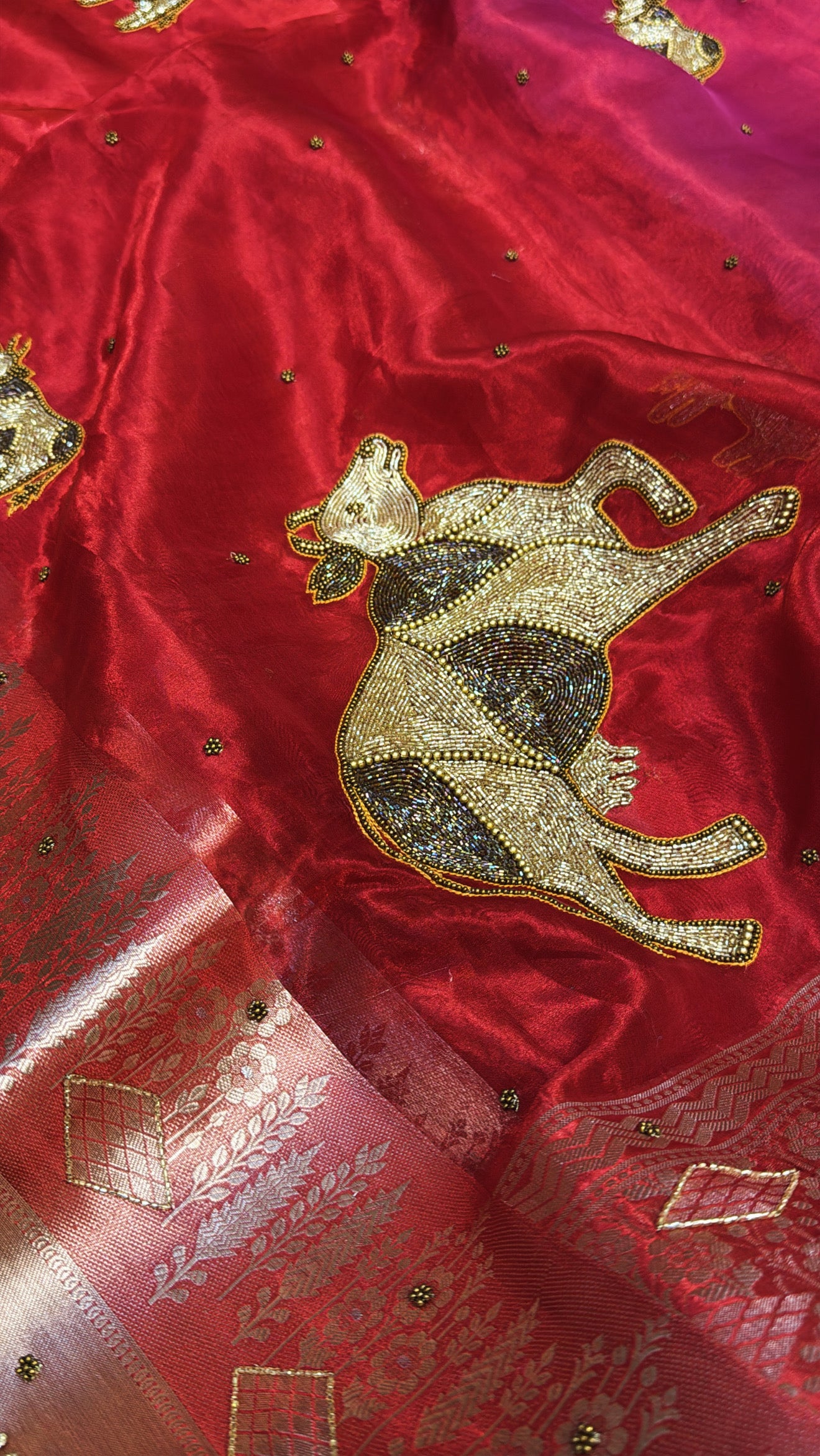 Red special - Husn hot red nandi motif tissue silk hand embroidered kadhwa saree