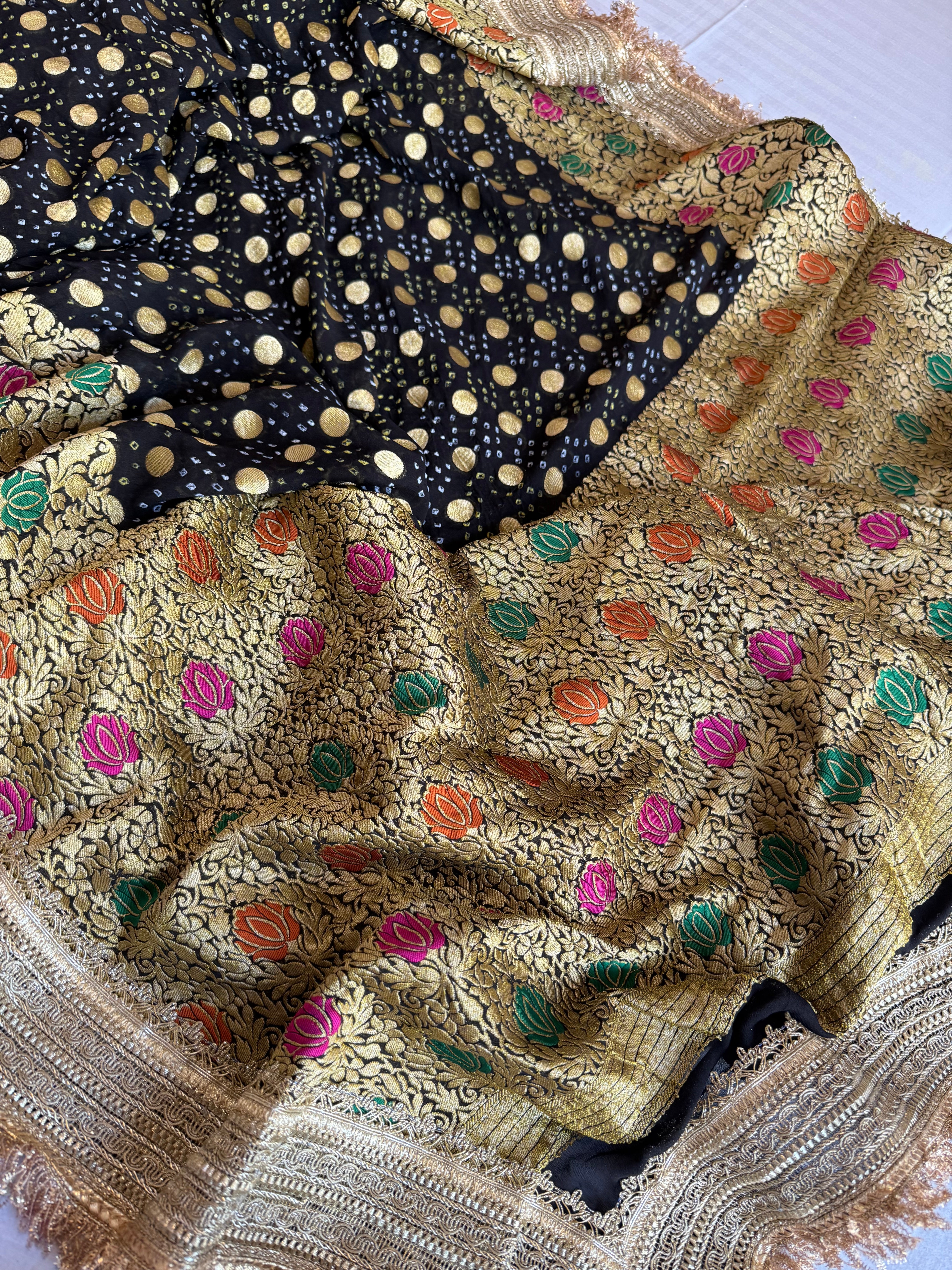 Black banarasi gorgette bandhej kadhwa meenakari saree