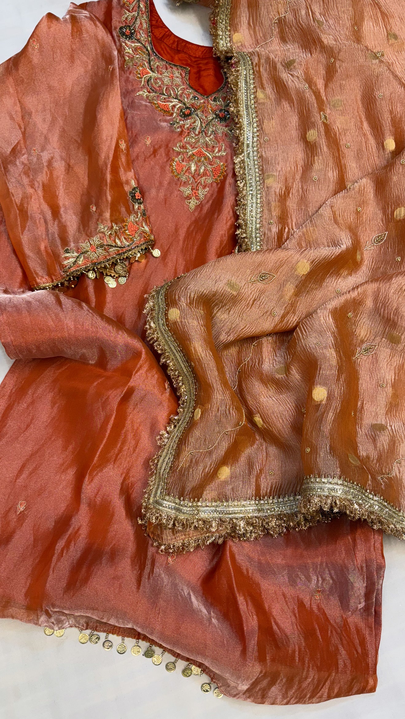 Dulhan ka joda - Chuski orange tissue silk heavy hand embroidered kadhwa gotapatti suit set