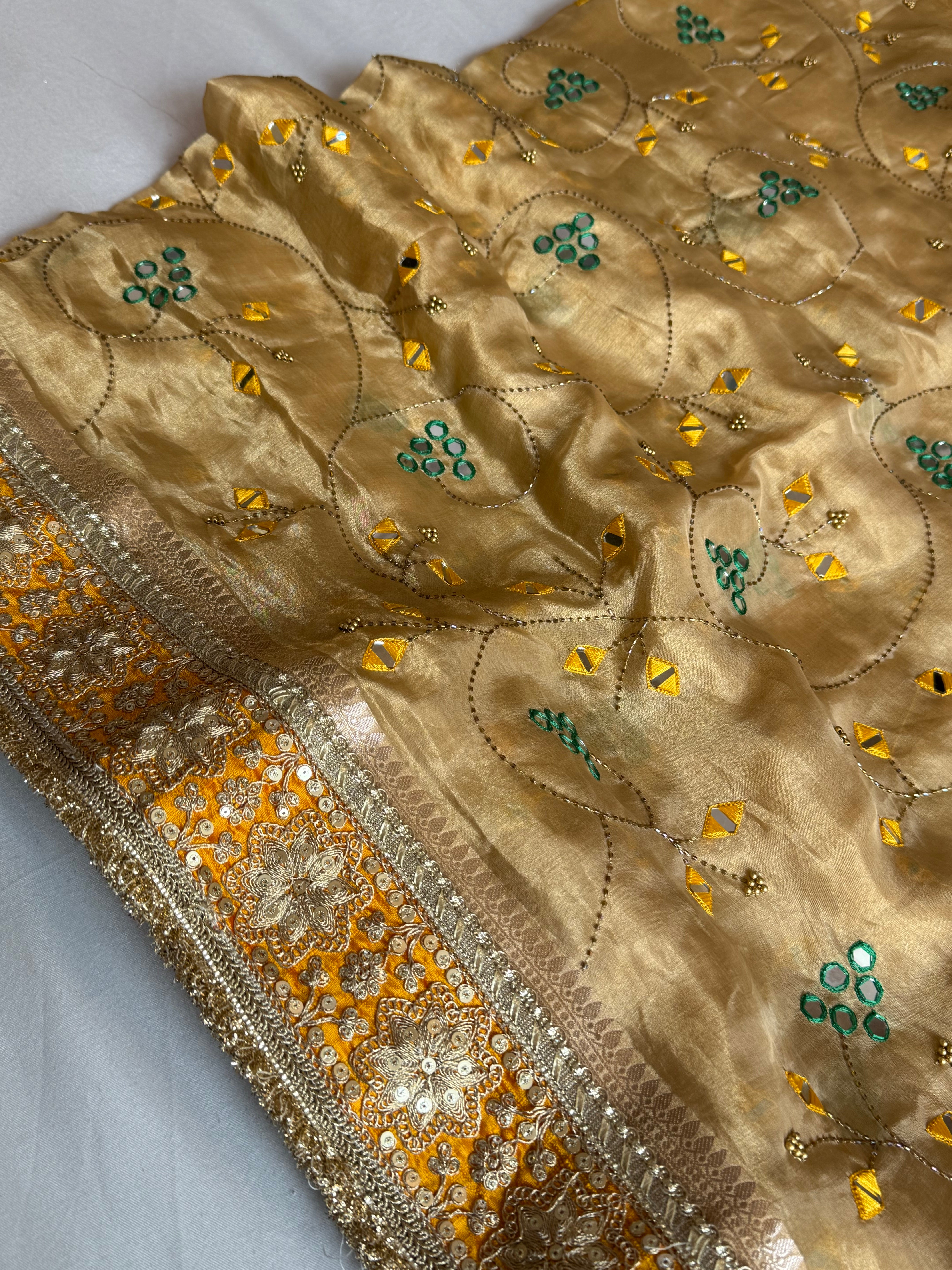 Sheesham edit - Heavy double tissue silk mirror work hand embroidered saree