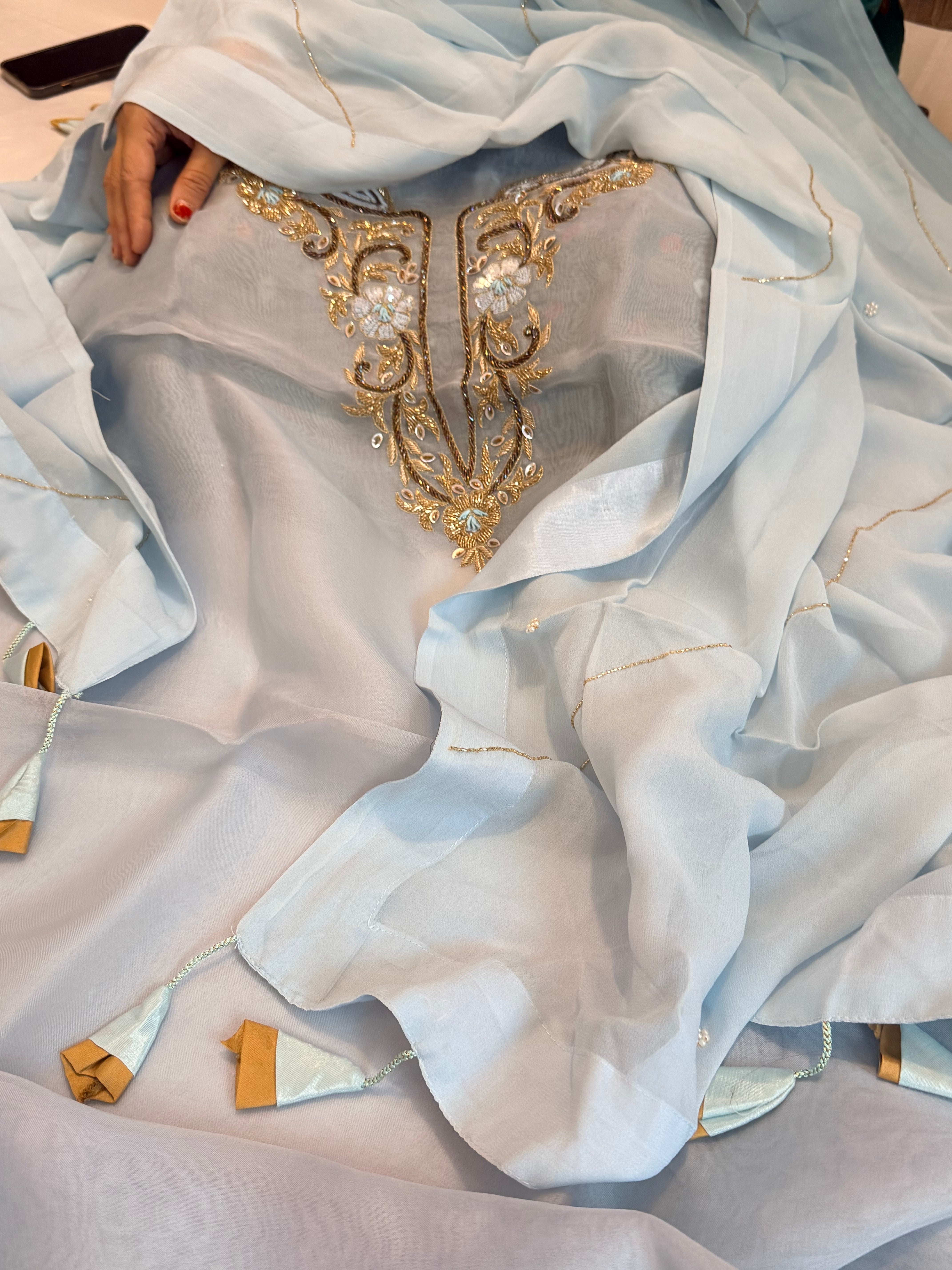 Ice blue kora silk gotapatti hand embroidered suit set