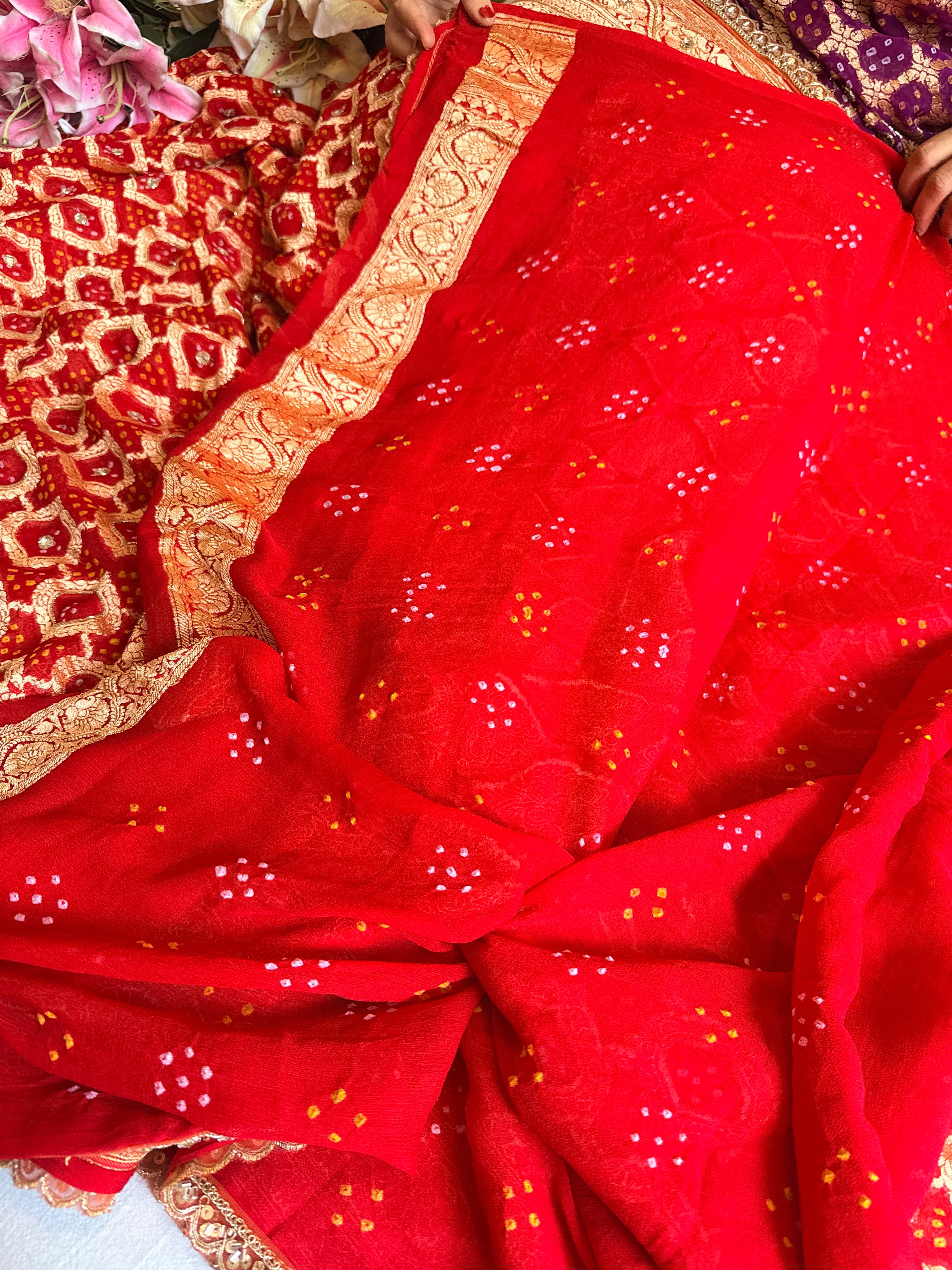 Banarasi chiffon gorgette rai bandhej kadhwa weaving hand embroidered saree