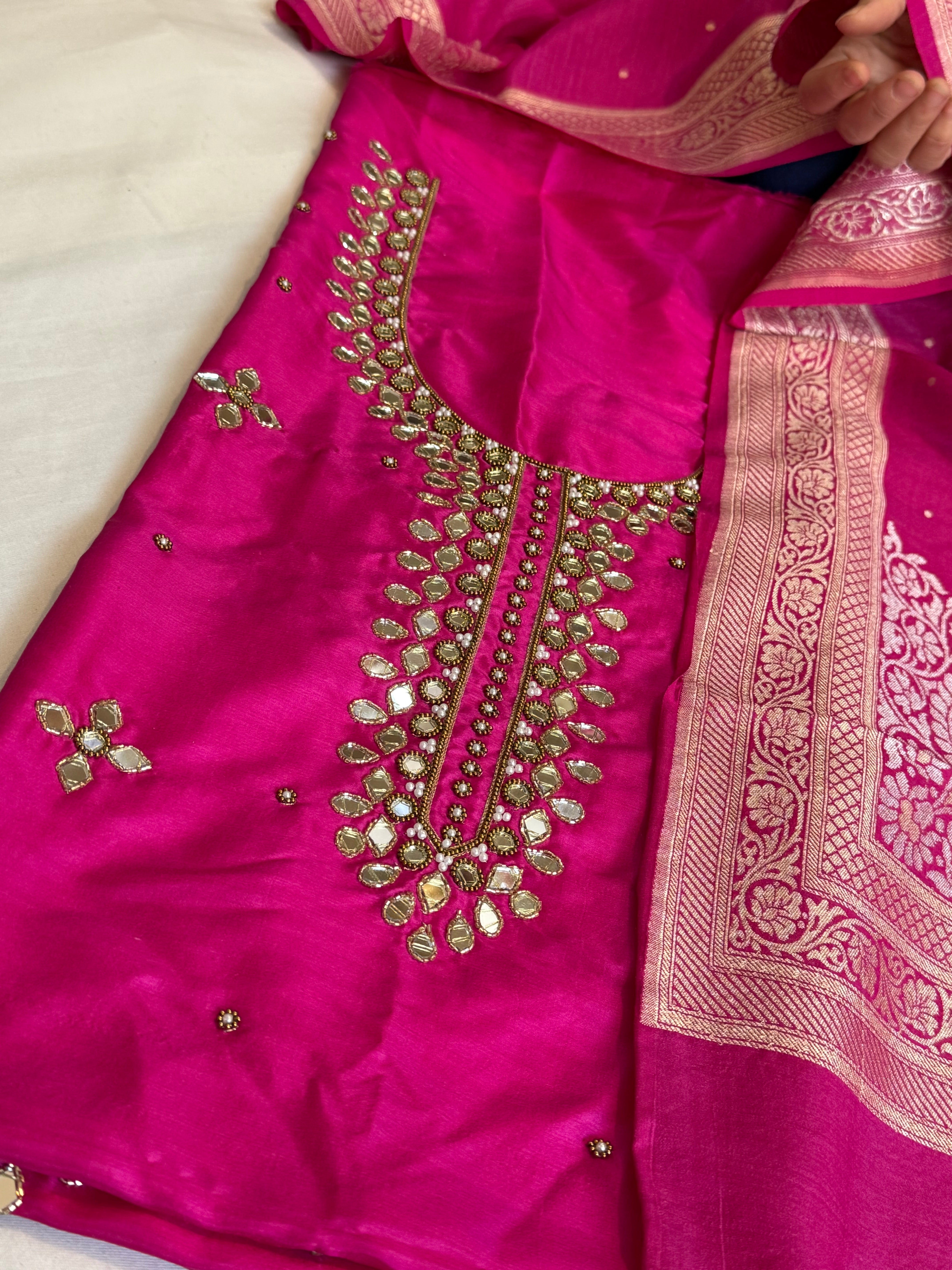 Sheesham rani pink mirror work katan silk kadhwa suit set