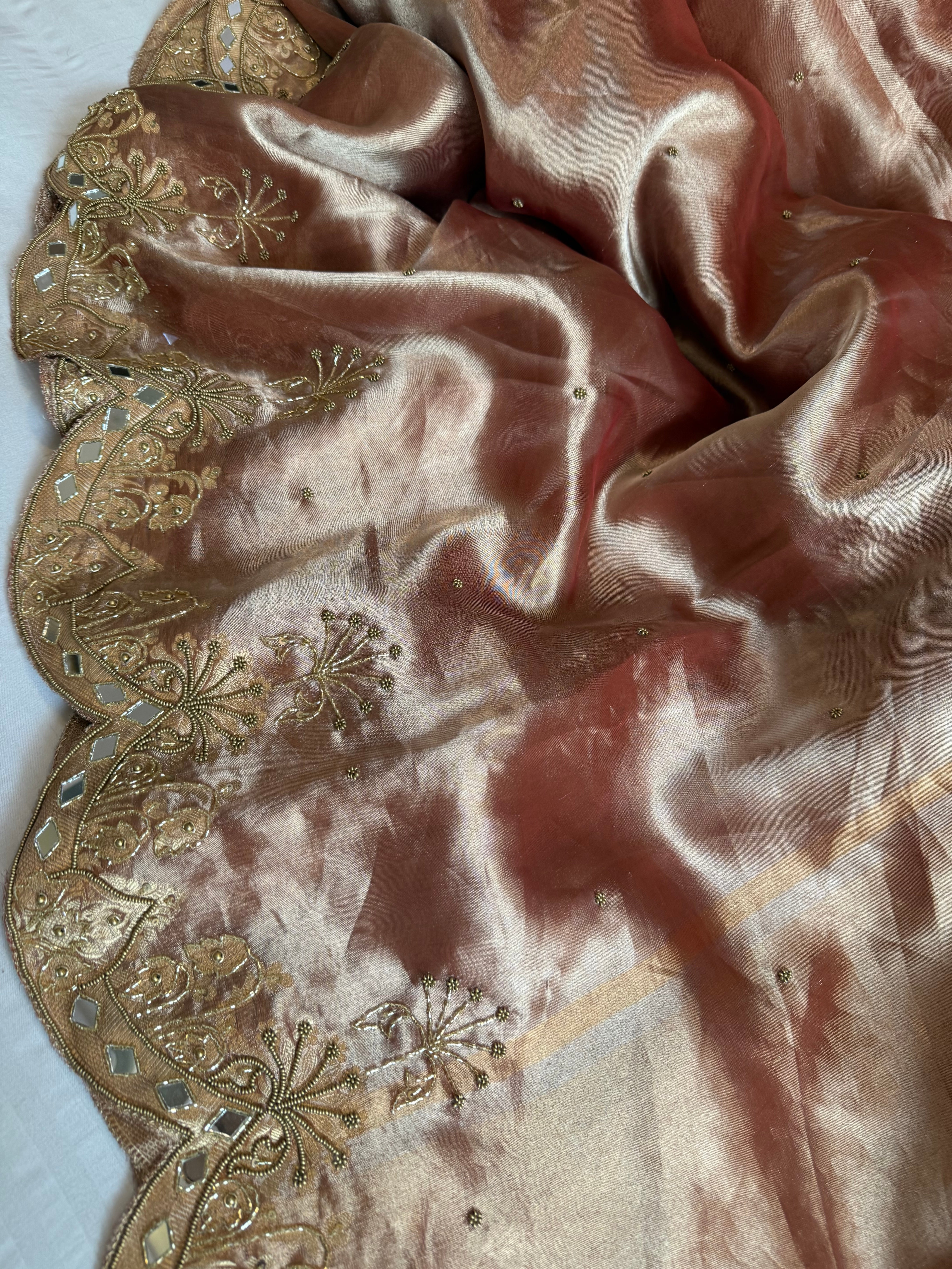Husn cherry peach tissue silk heavy zardozi hand embroidered saree