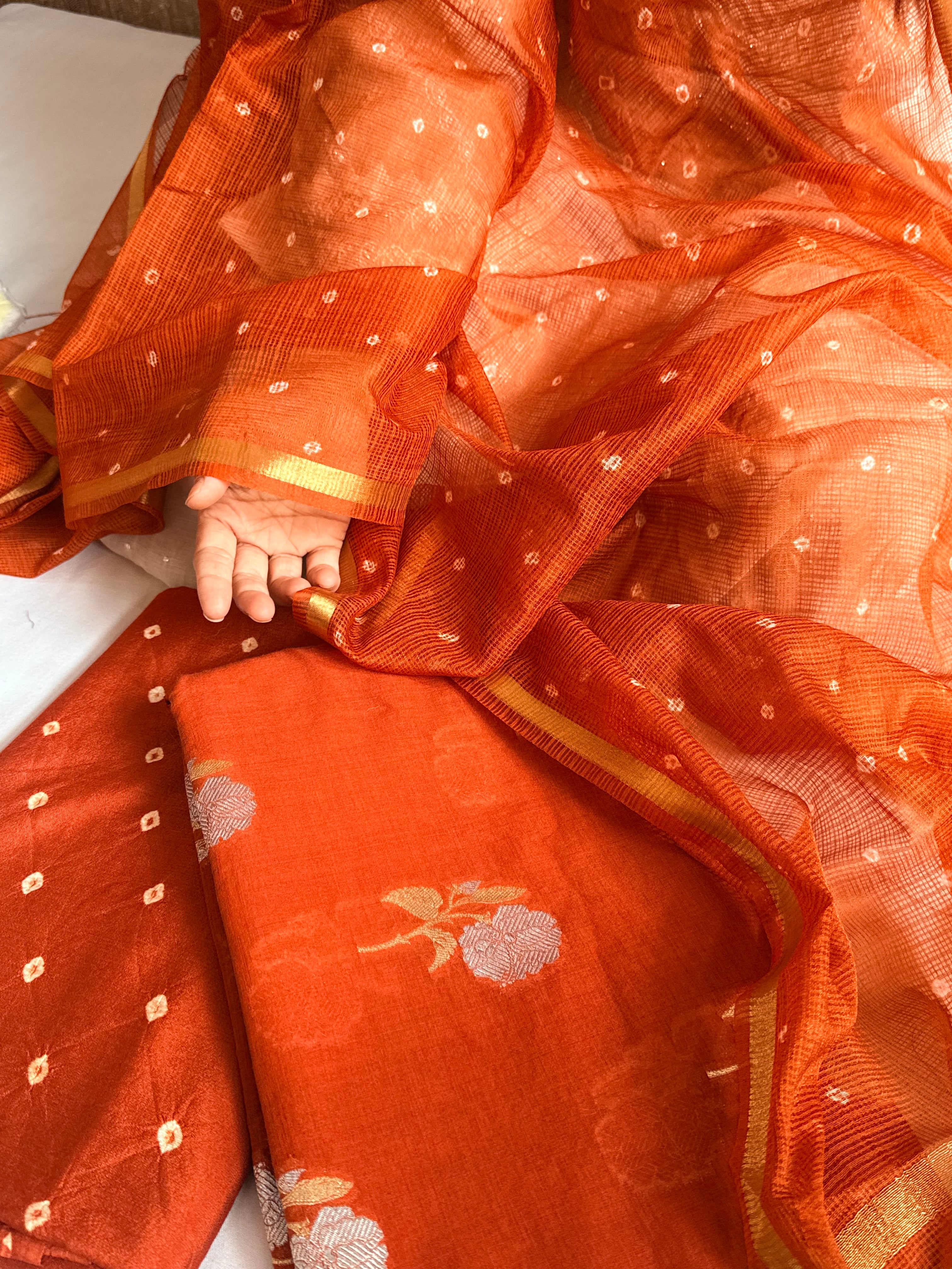 Below 8k- Mul cotton handloom kurta paired with bandhej dyed kota silk duppata set