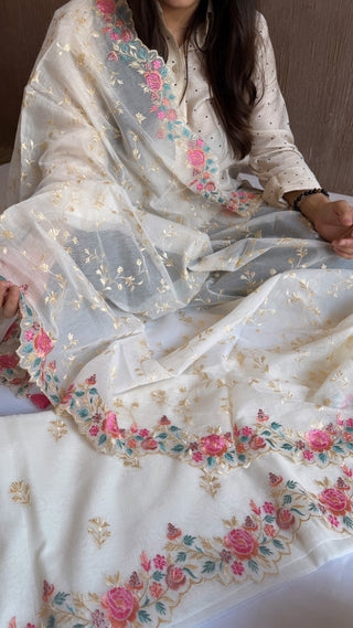 Mulmul banarasi cotton resham hand embroidered kadhwa soft suit set