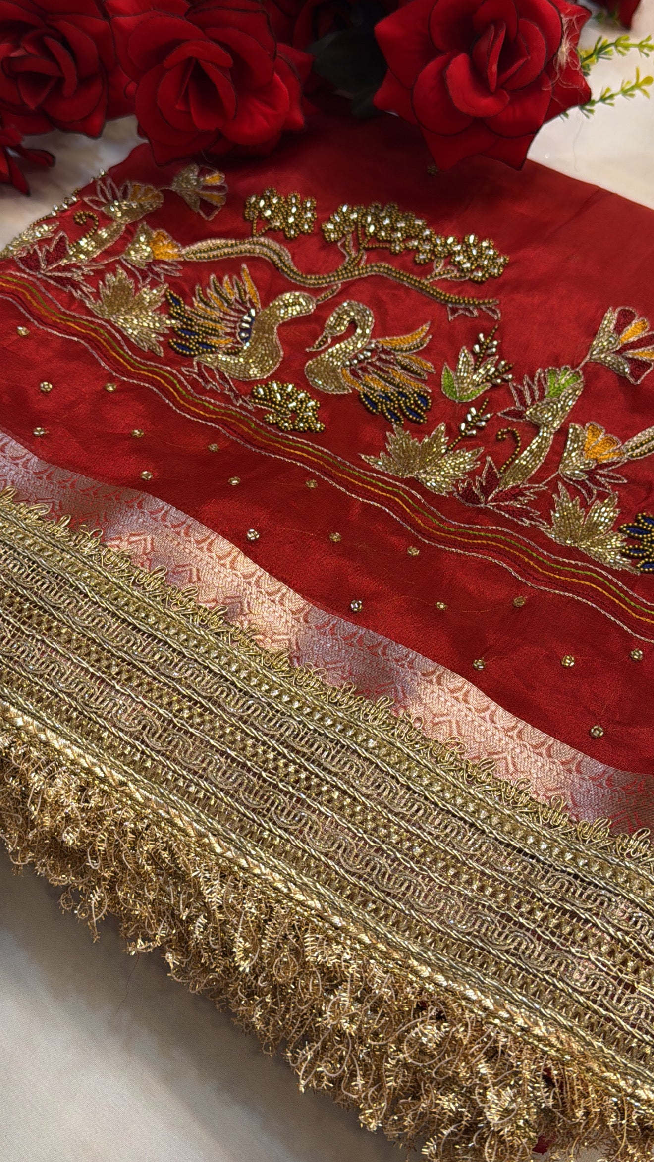 Dulhan ka joda red tissue silk hand embroidered kadhwa saree