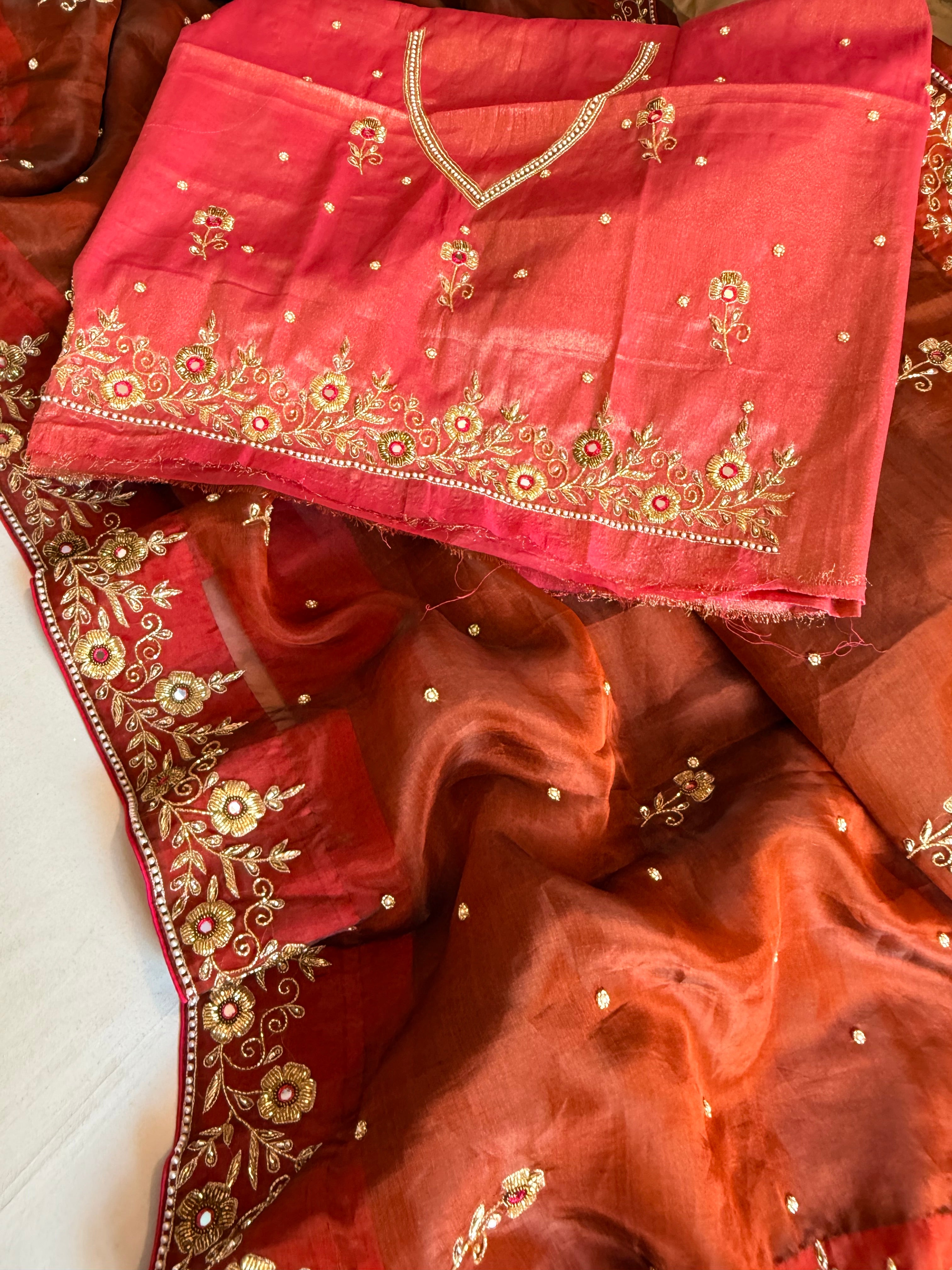 Mud brown-rani pink combination mirror and zardozi work tissue silk saree