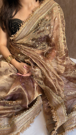 Printed tissue silk kadhwa hand embroidered gotapatti saree