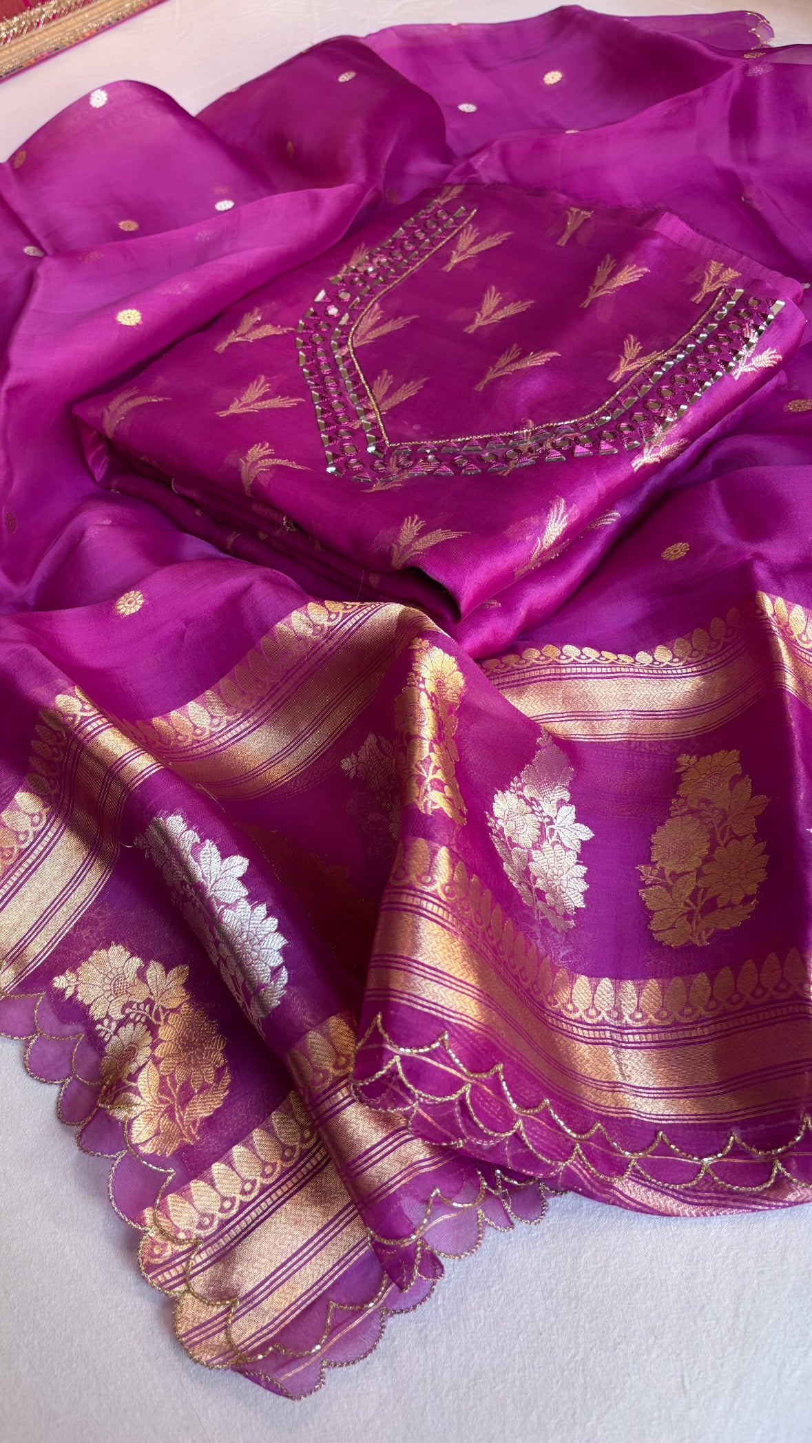 Banarasi purple kora silk hand embroidered kadhwa suit set