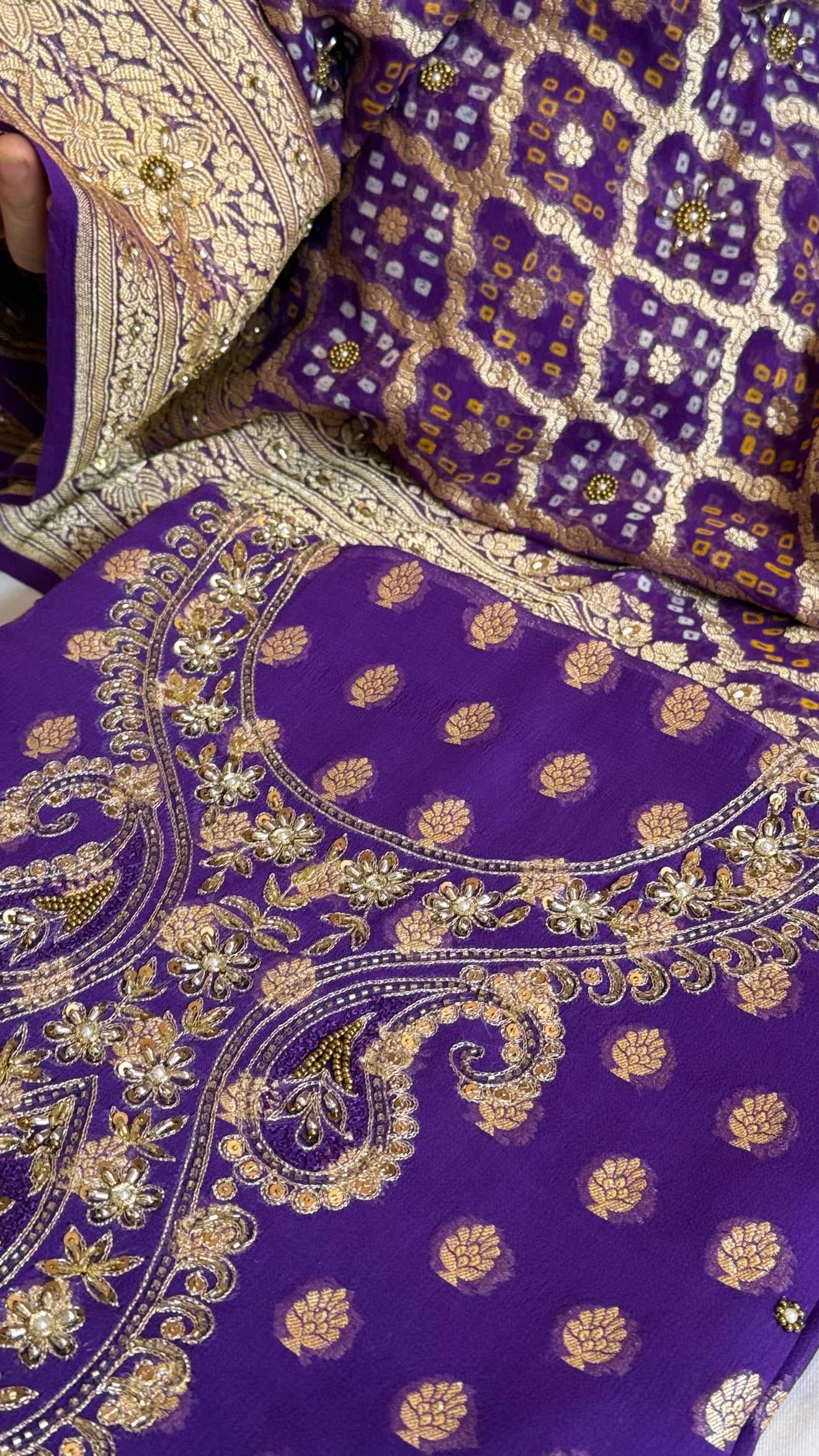 Deep purple rai bandhej Banarasi gorgette kadhwa hand embroidered suit set