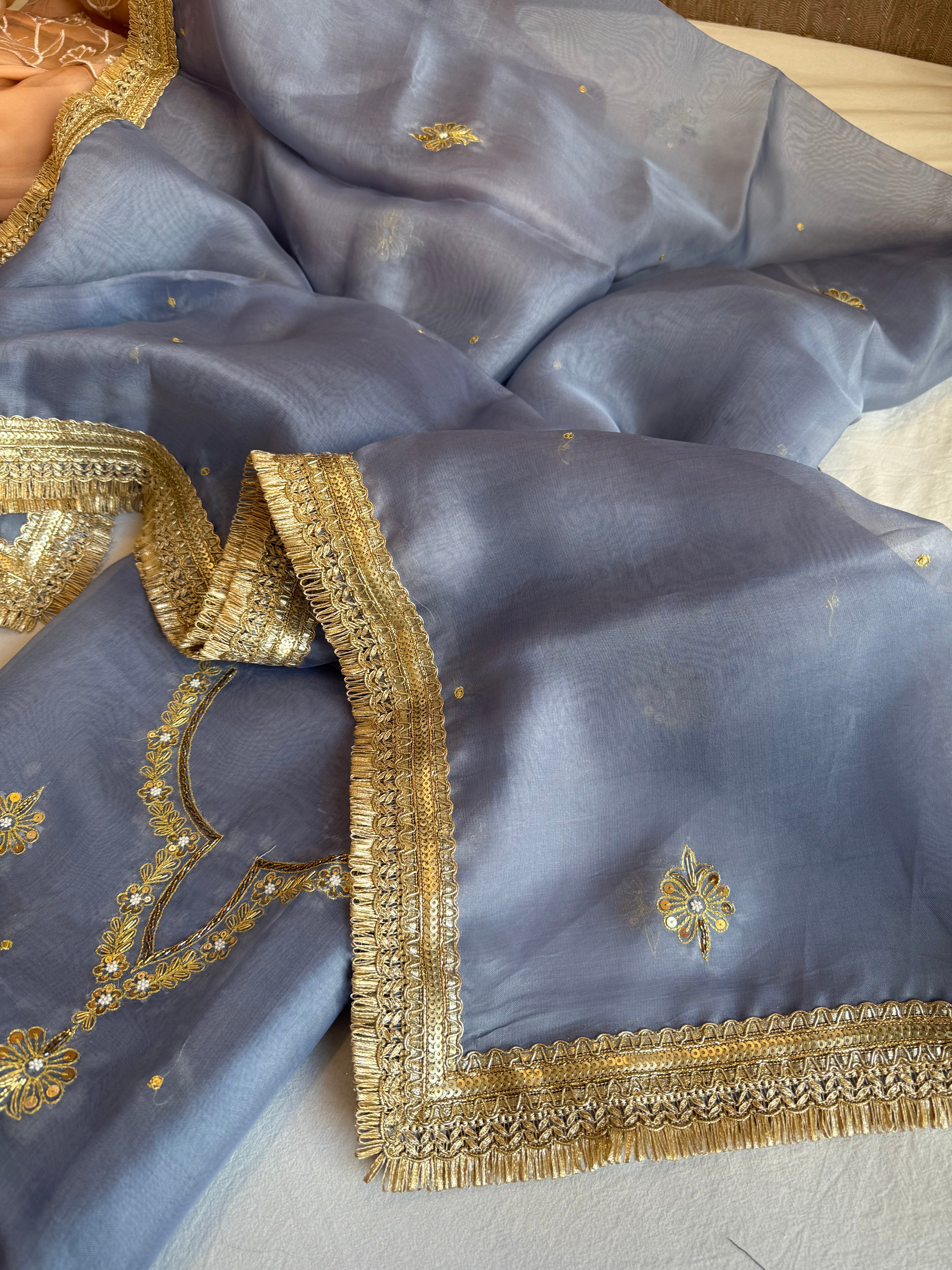 Aari and tilli hand embroidered kora silk marine blue kadhwa suit set