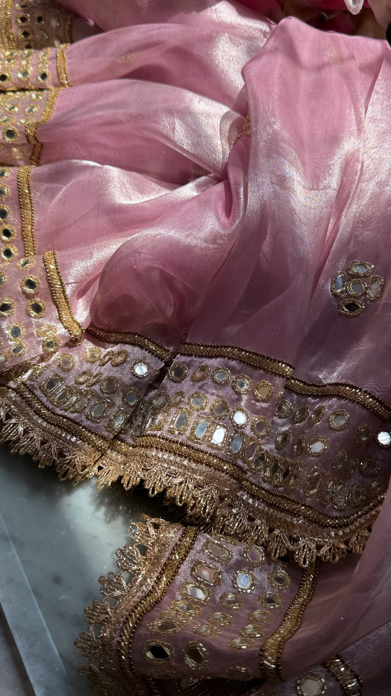 Engagement wali saree - Powder pink diamond tissue silk mirror work hand embroidered saree