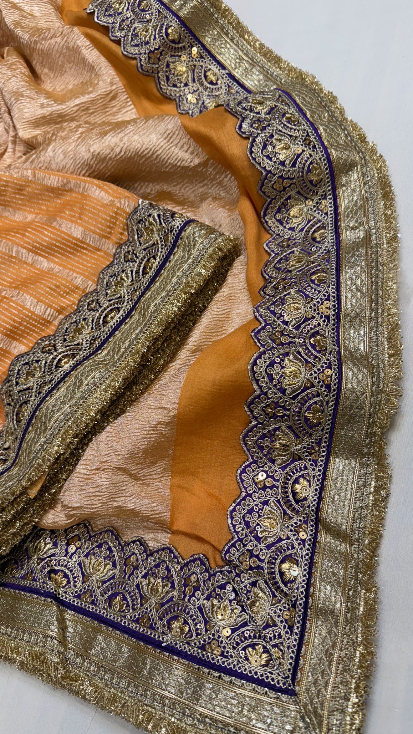 Moonga crushed tissue silk fanta orange tissue silk sares