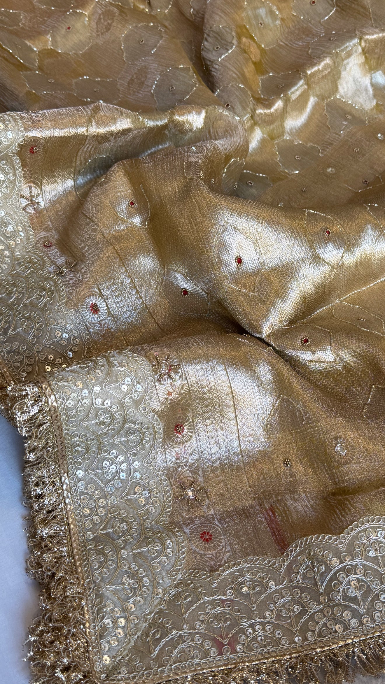 Mughalai jaal crushed tissue silk hand embroidered kadhwa dusty golden saree
