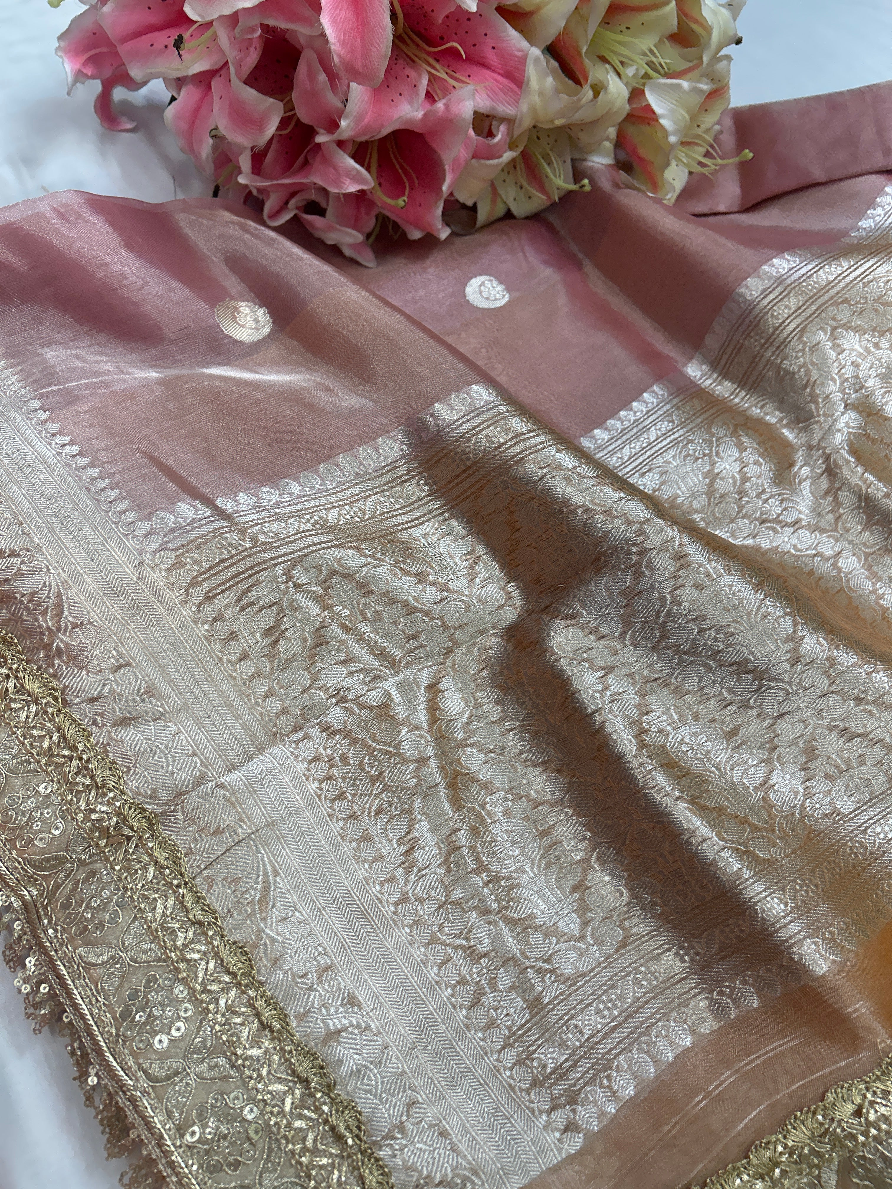 Tissue silk contrast border chand buta saree