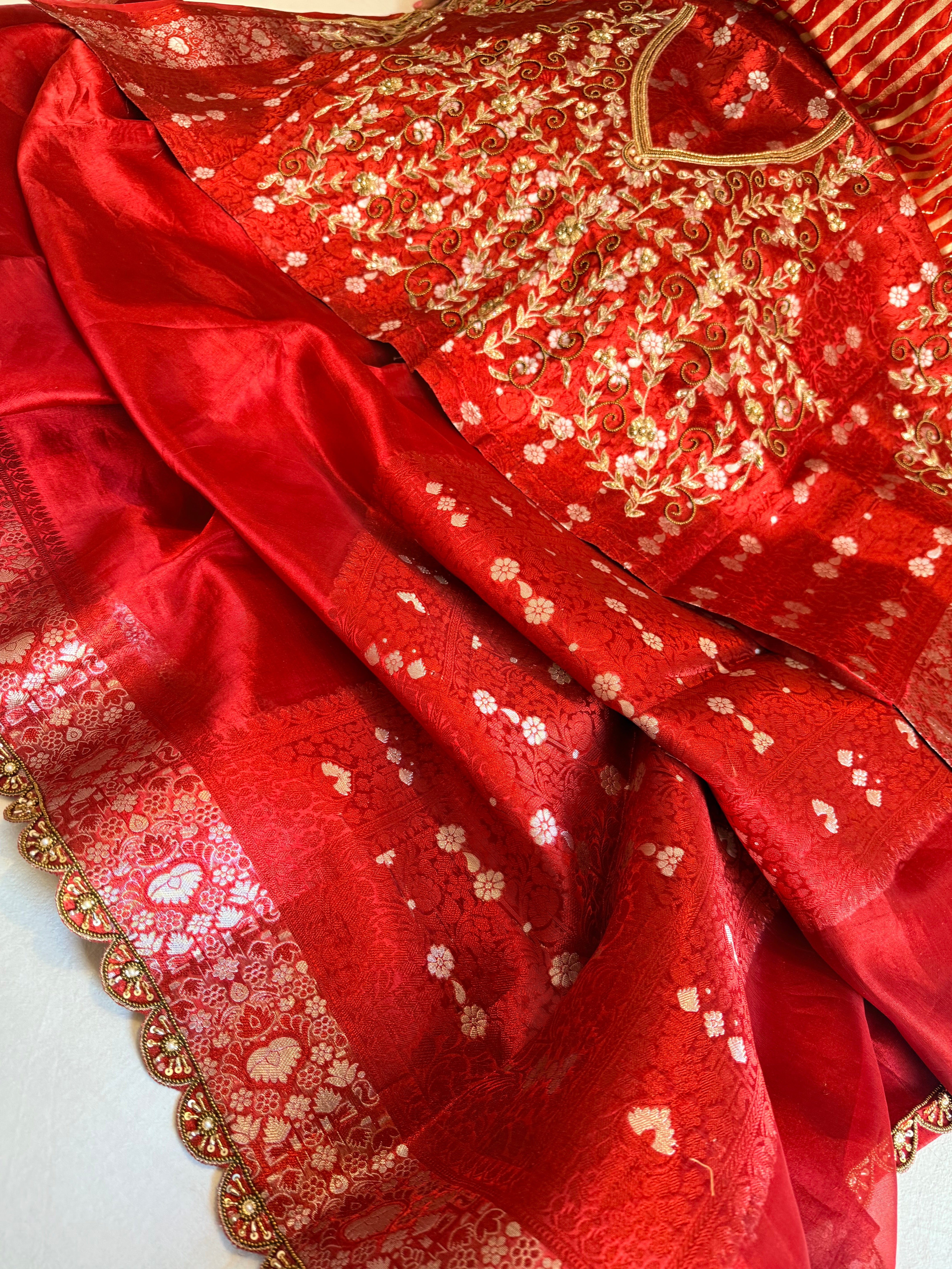 Rose red husn tissue silk hand embroidered kadhwa saree with heavy blouse