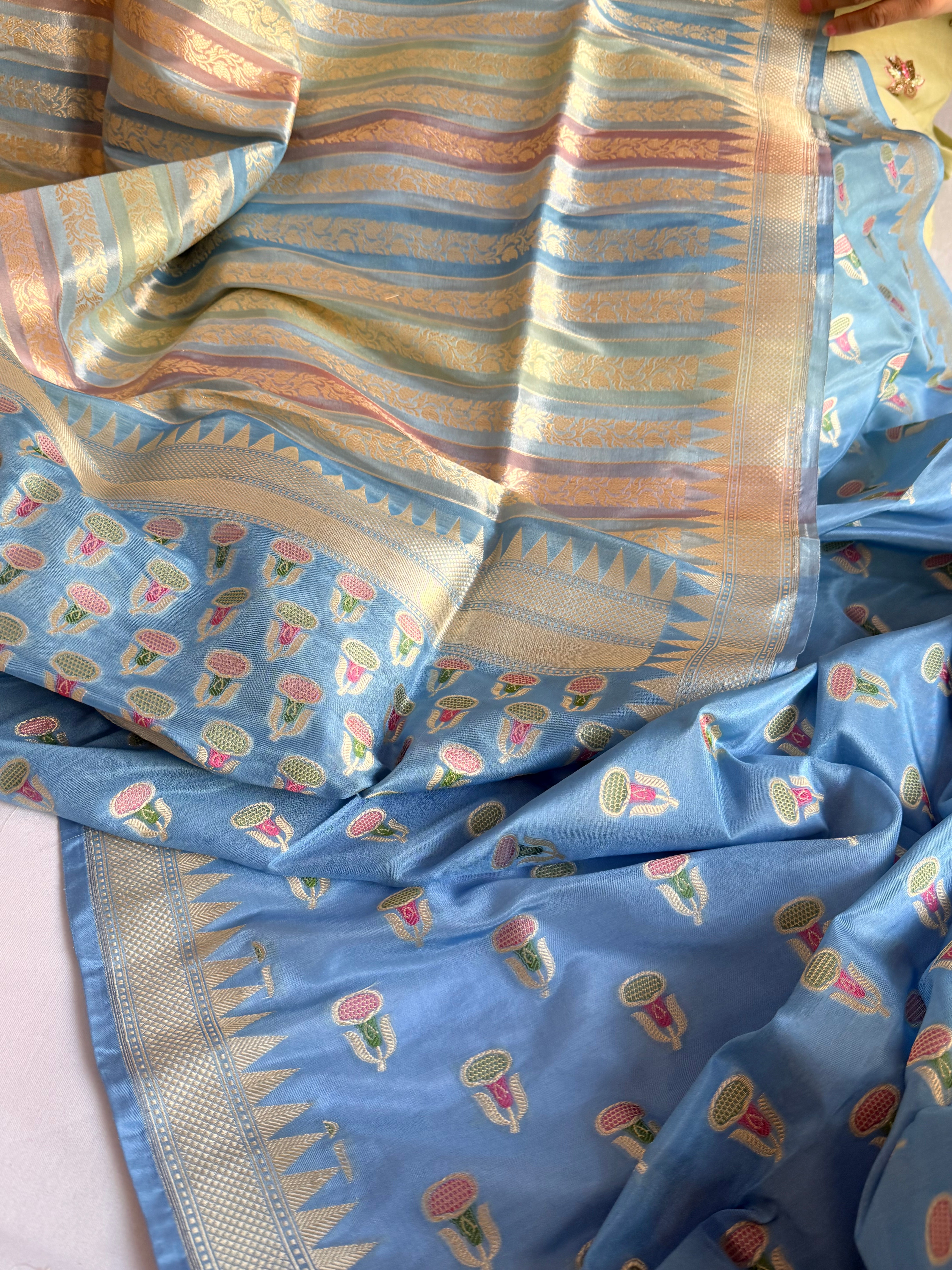 Katan gorgette shades of blue pastels rangkaat weaving suit set