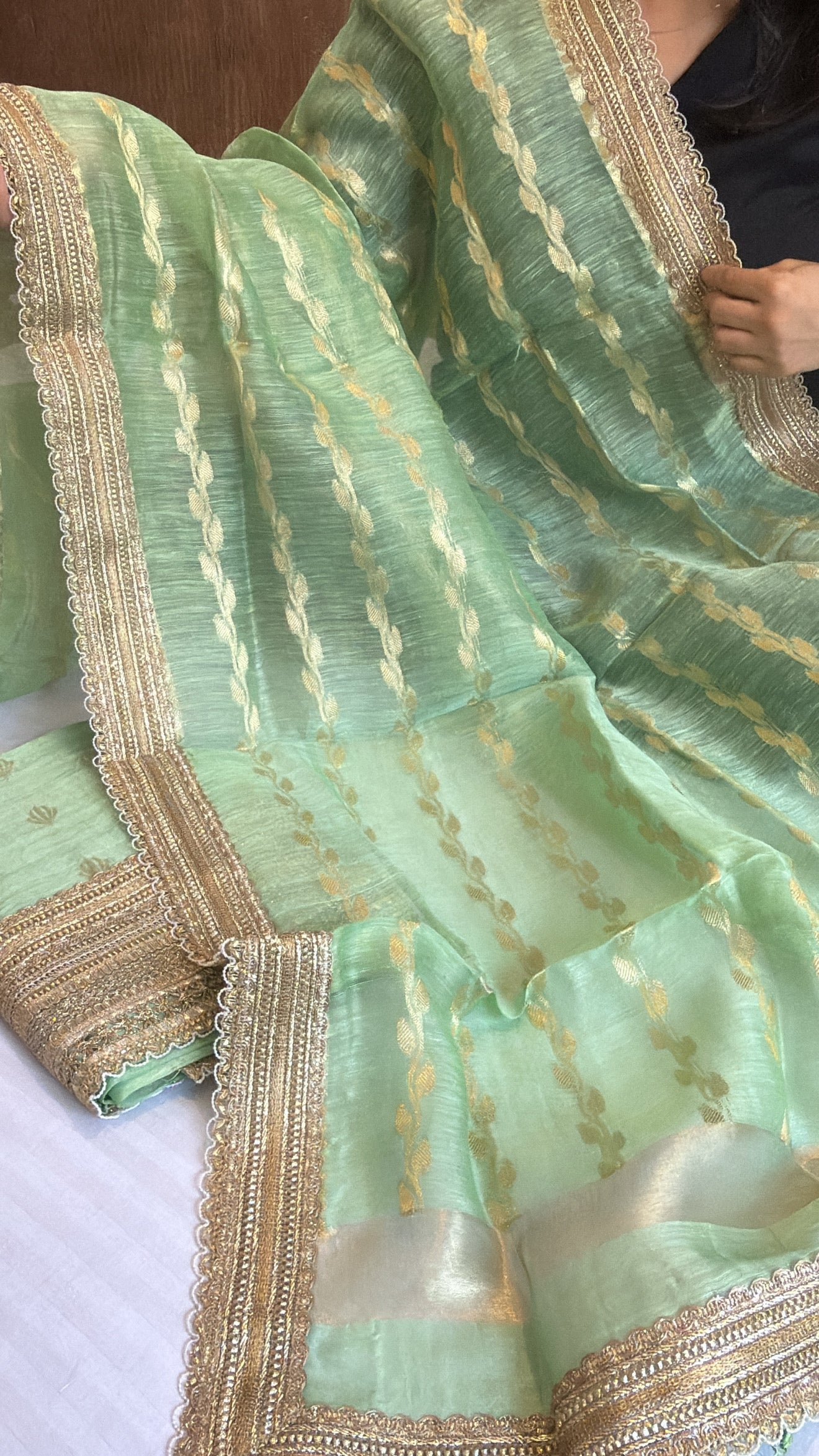 Mint soft green linen gorgette gotapatti suit set