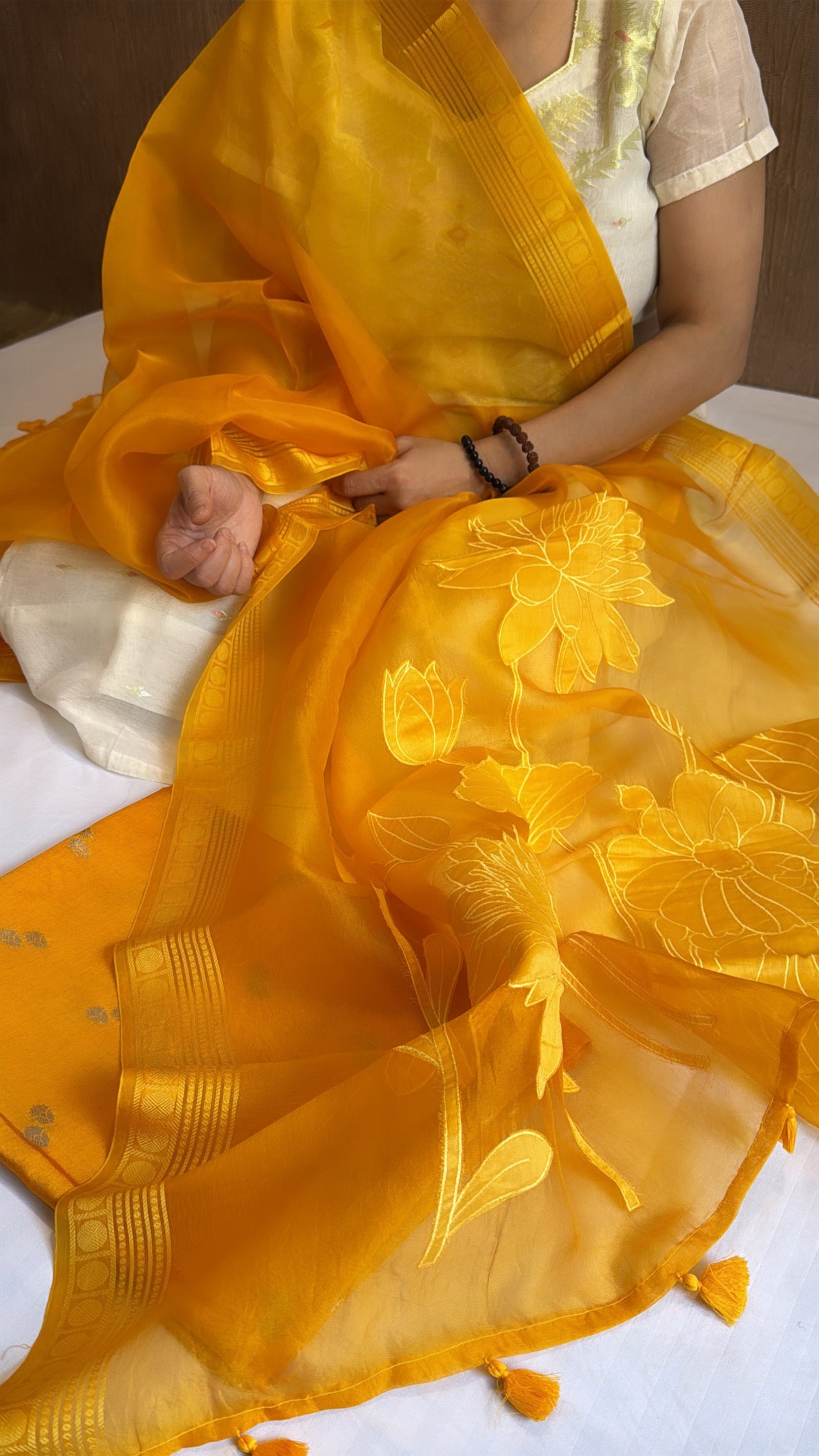 Mango yellow kora silk appliqué work duppata paired with chiniya silk kurta set