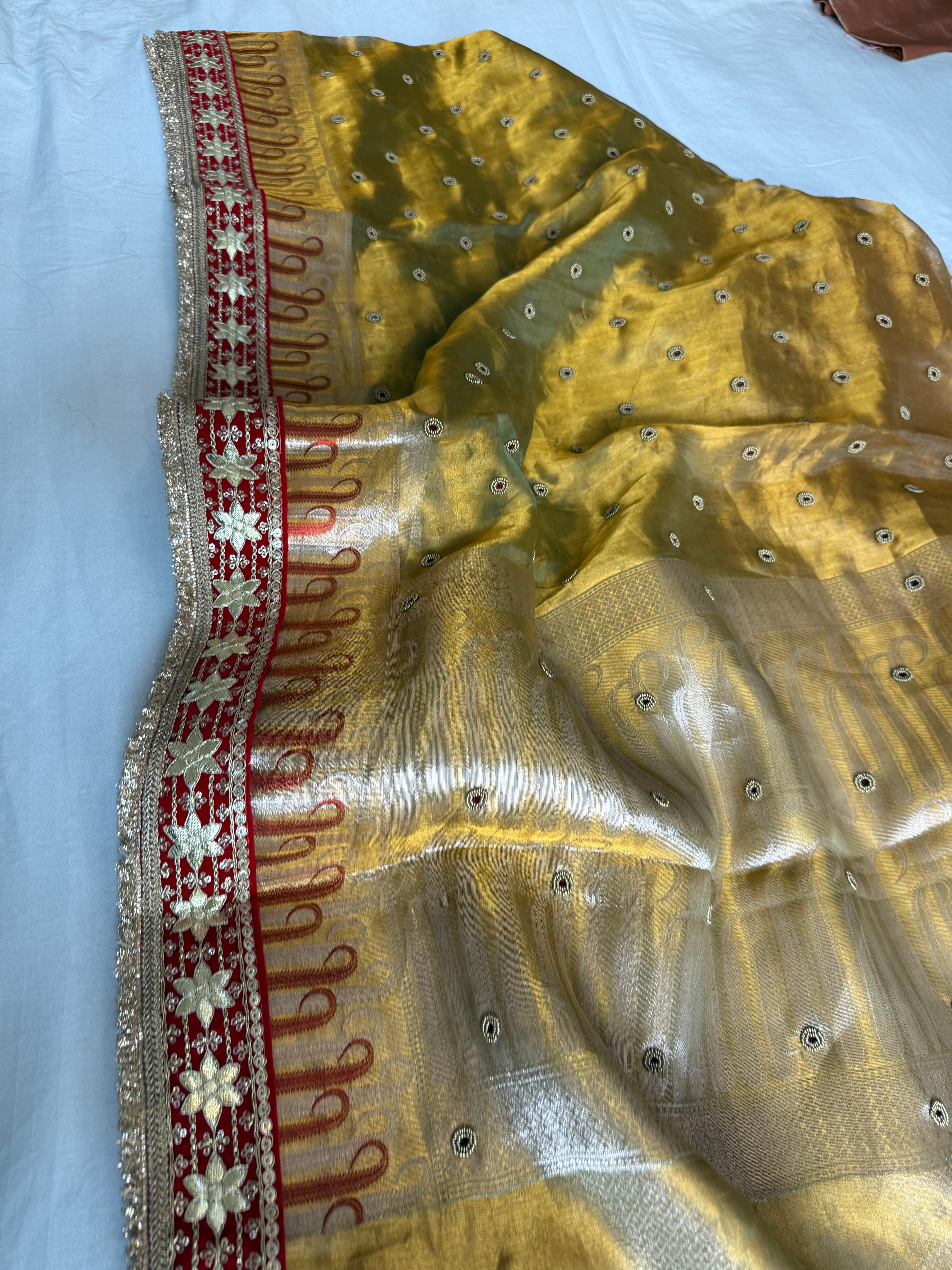 Kanjivaram gold tissue silk red meenakari hand embroidered kadhwa saree