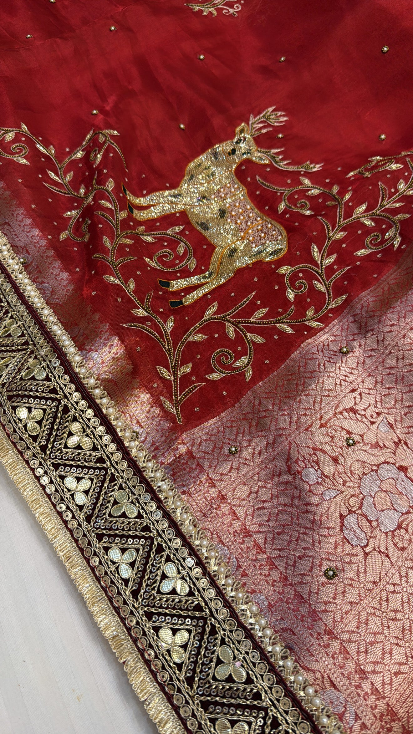 Red special - Husn chilly red deer motif tissue silk hand embroidered kadhwa saree