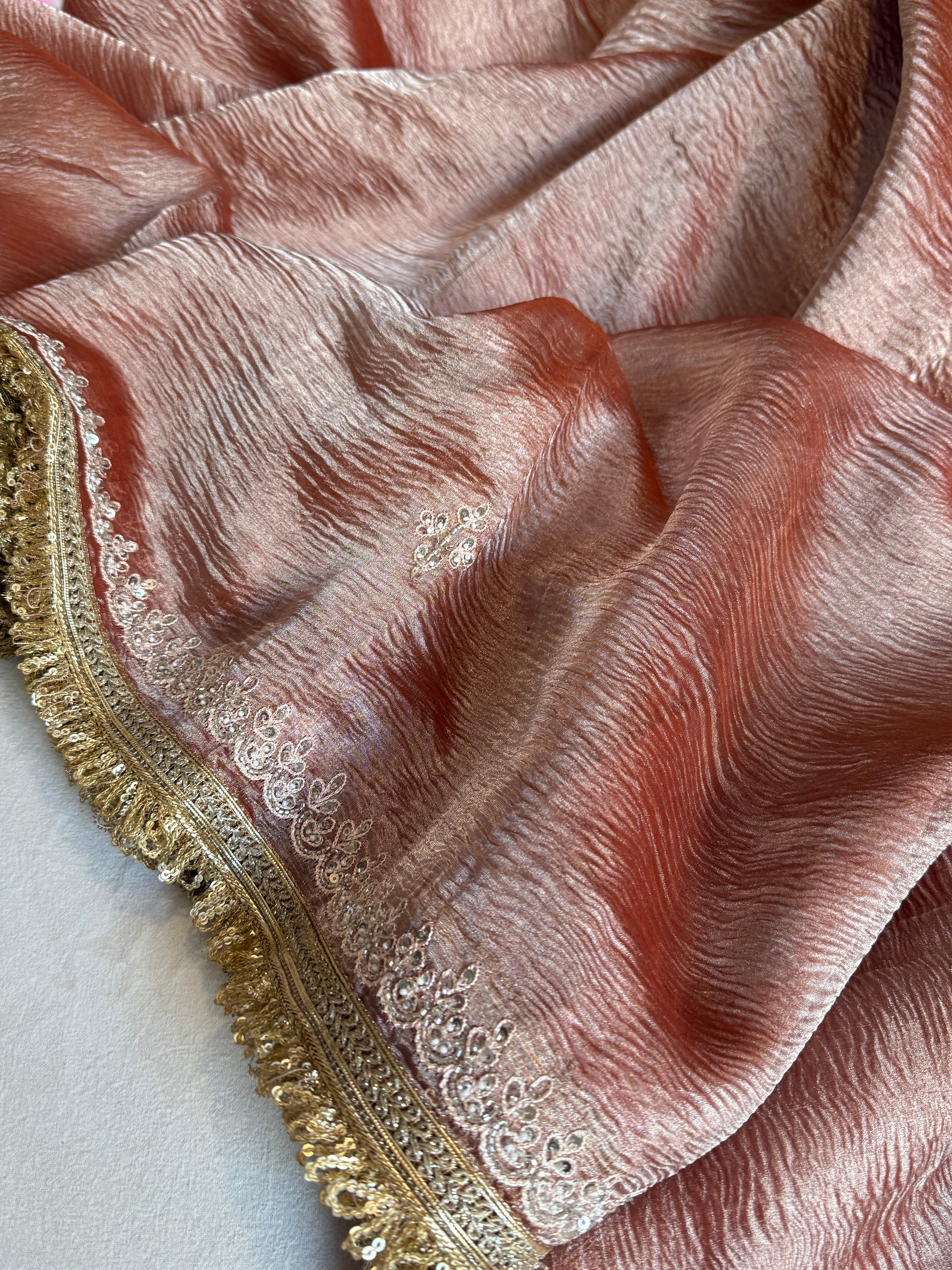 Crushed rose peach tissue silk hand embroidered kadhwa saree