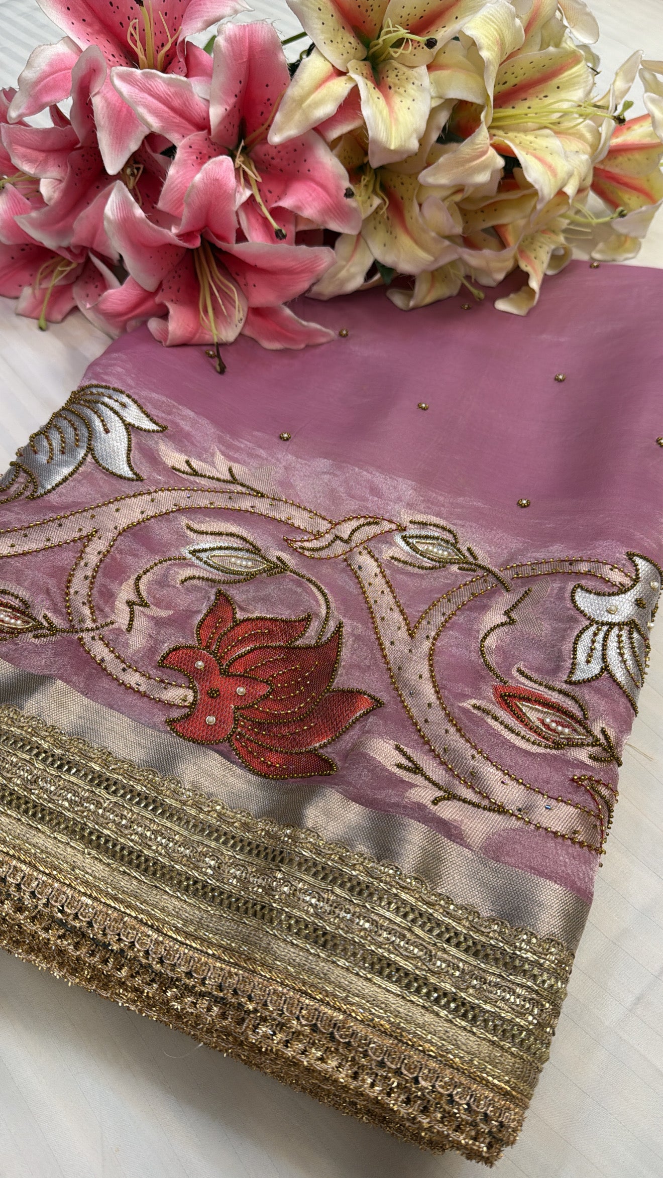 Wedding edit - Husn blush pink - gold combination tissue silk meenakari hand embroidered saree