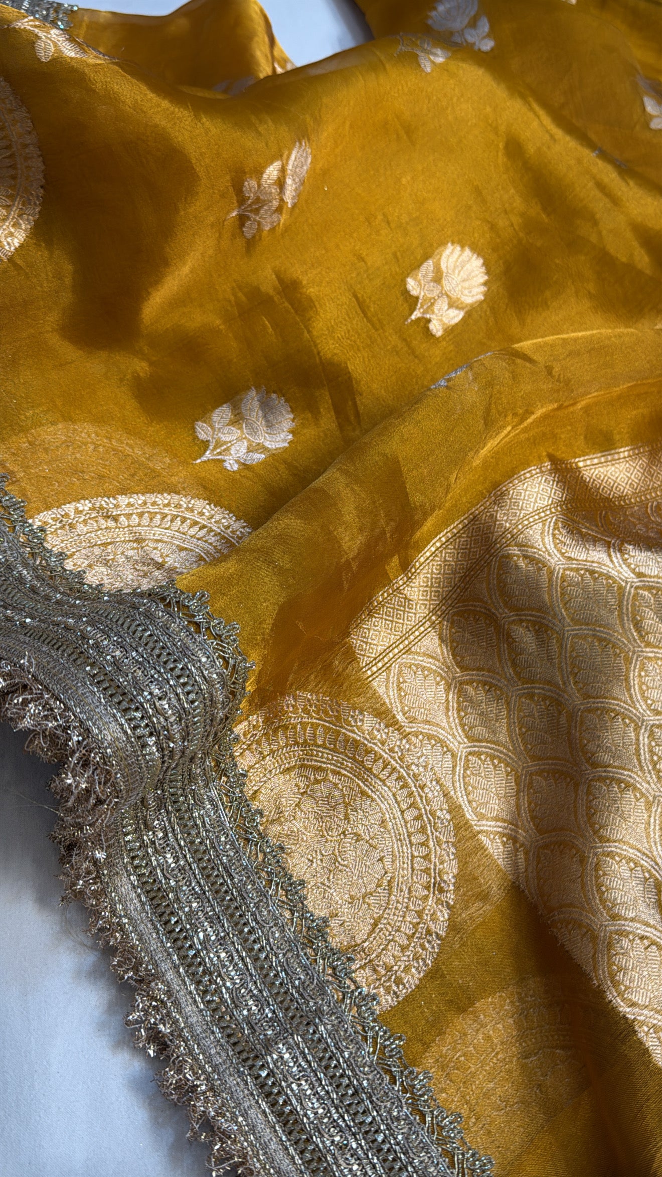 Maharani golden yellow tissue silk kadhwa buti gotapatti saree