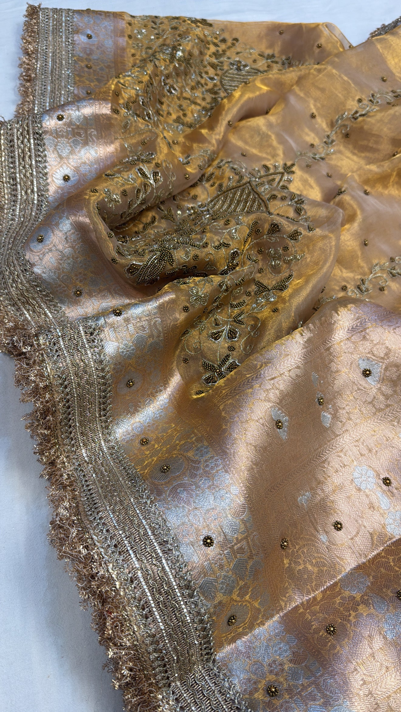 Golden husn tissue silk hand embroidered kadhwa saree