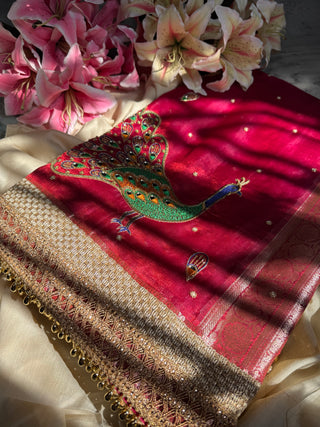 Vidai ka din - Husn cranberry pink heavy meenakari peacock work tissue silk saree