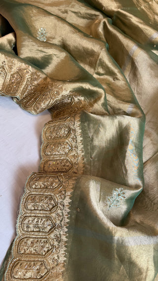 Husn mint green tissue silk heavy zardozi hand embroidered saree
