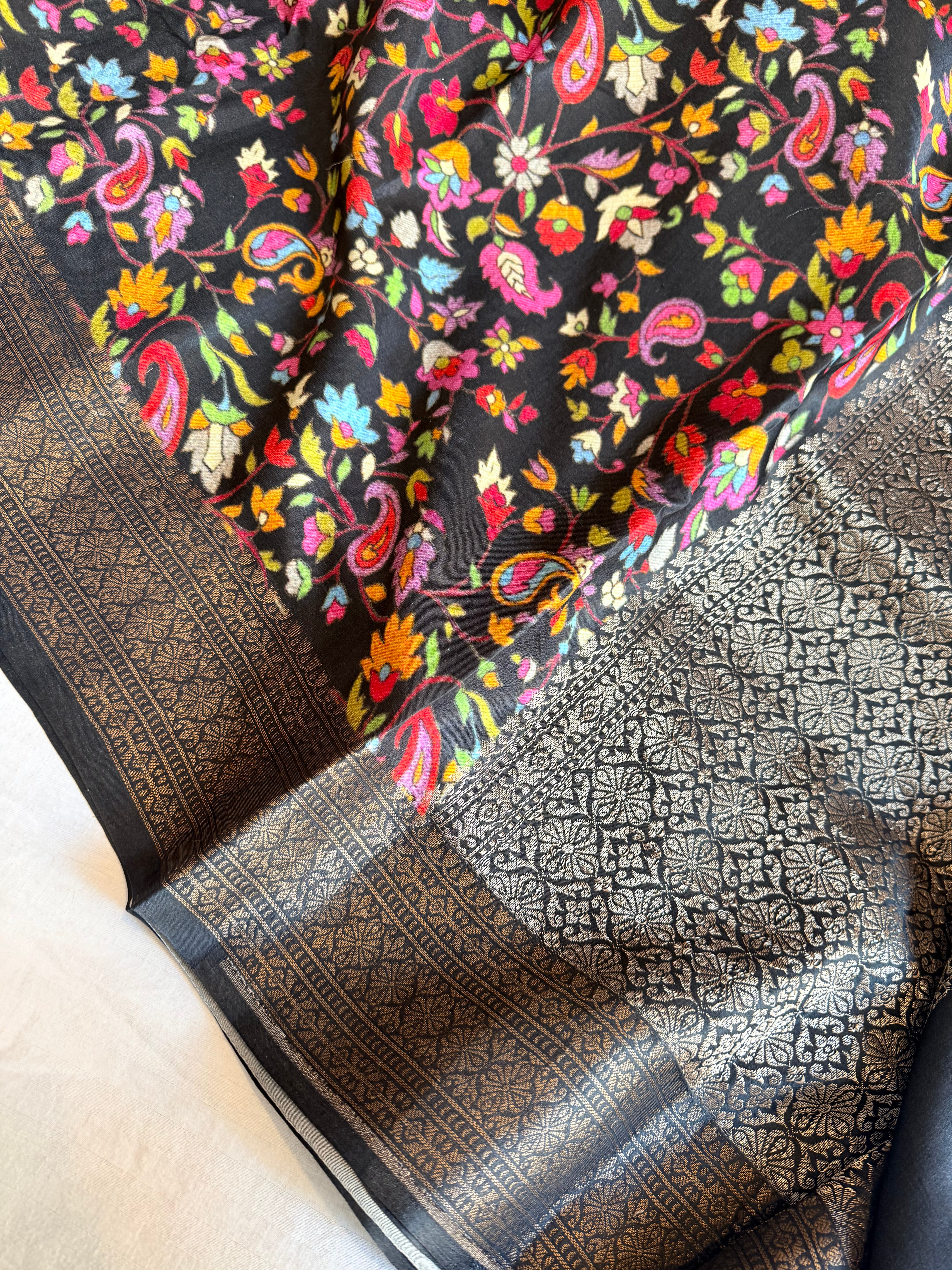 Banarasi mashru satin silk kani weaving printed black saree