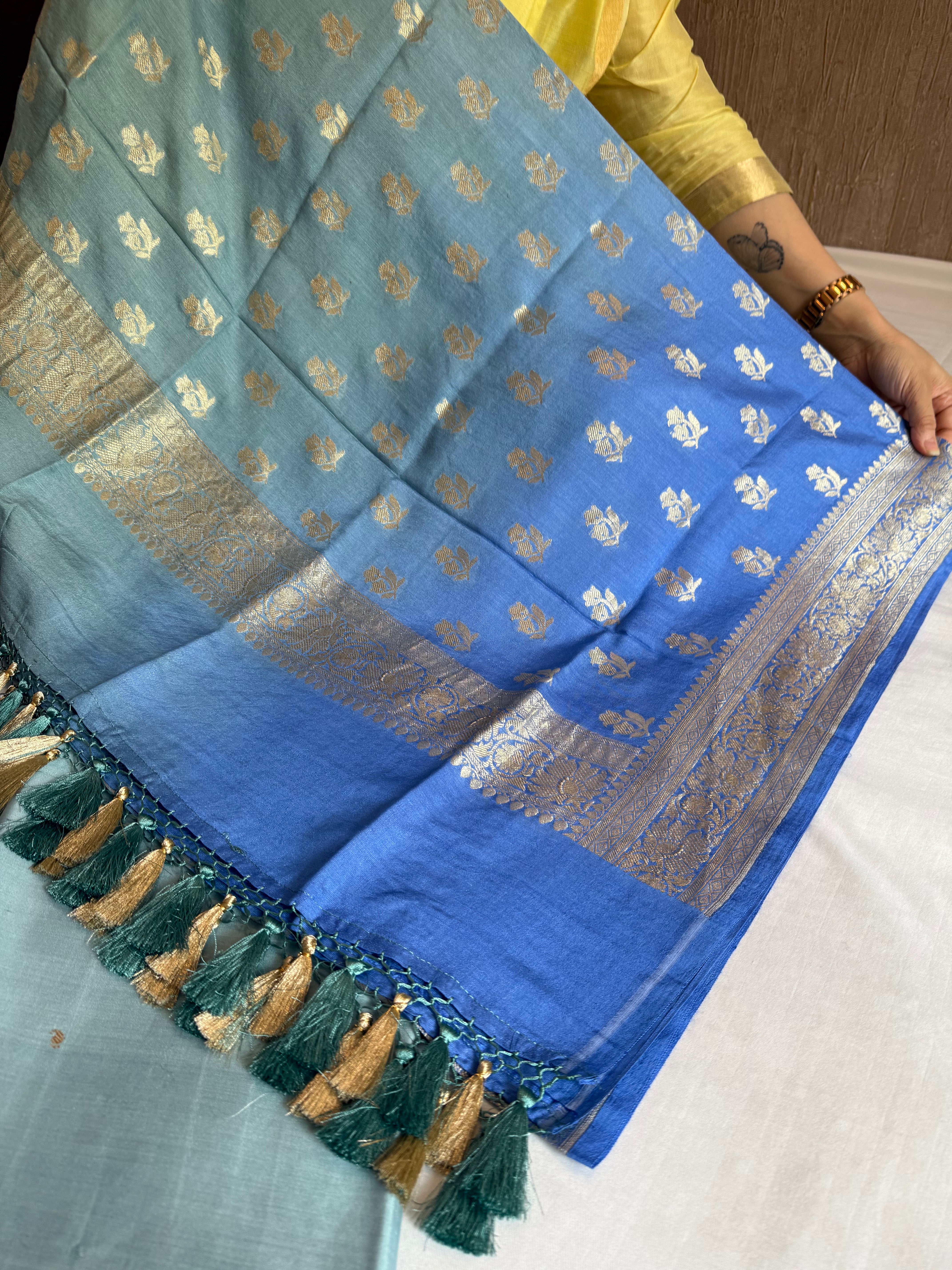 Persian sea blue ombre shaded moonga silk kadhwa buti suit sets