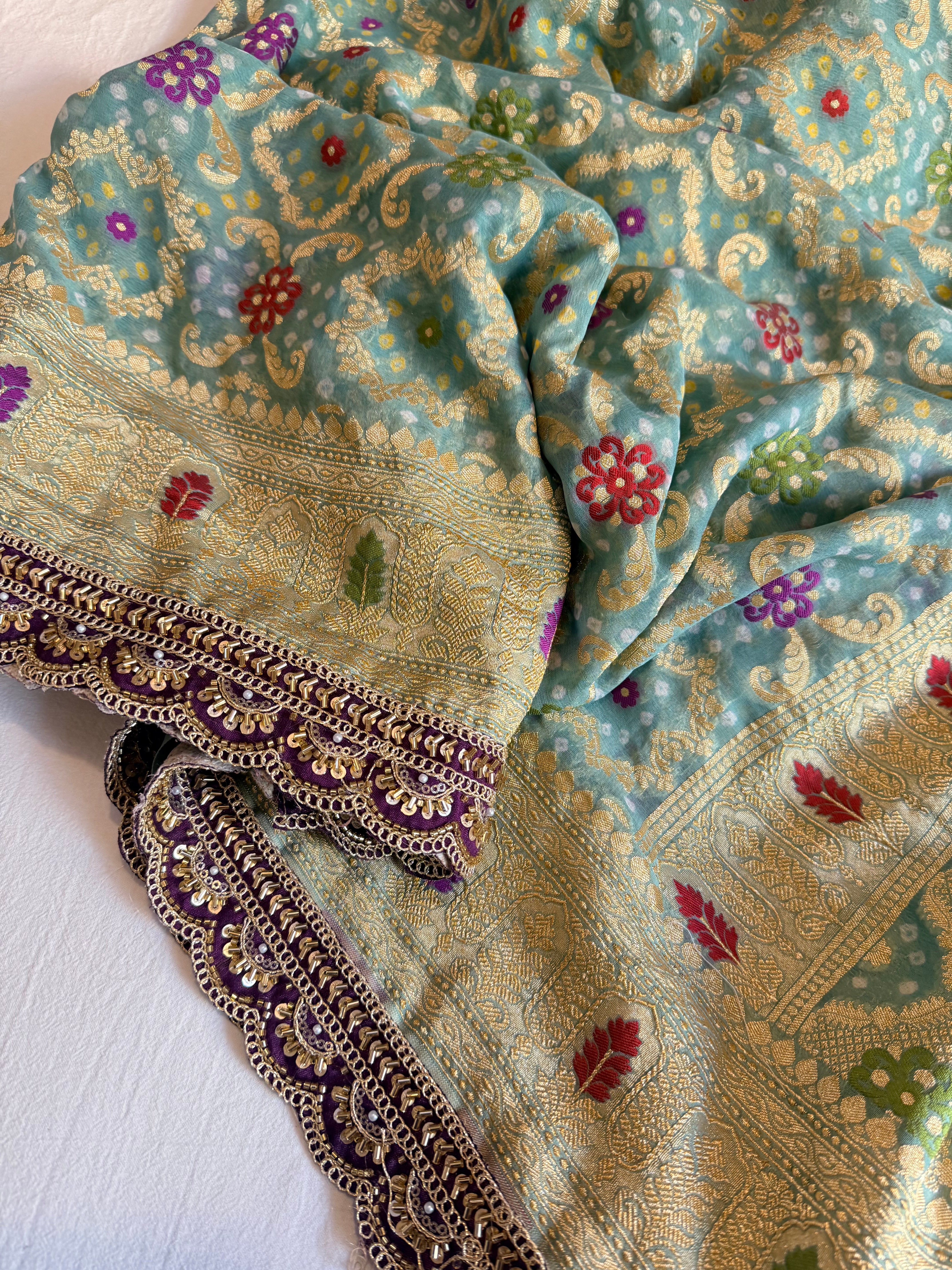 Banarasi blush shades of chiffon rai bandhej mirror work gotapatti saree