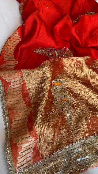 Mastani edit - Tomato red moonga silk hand embroidered kadhwa saree