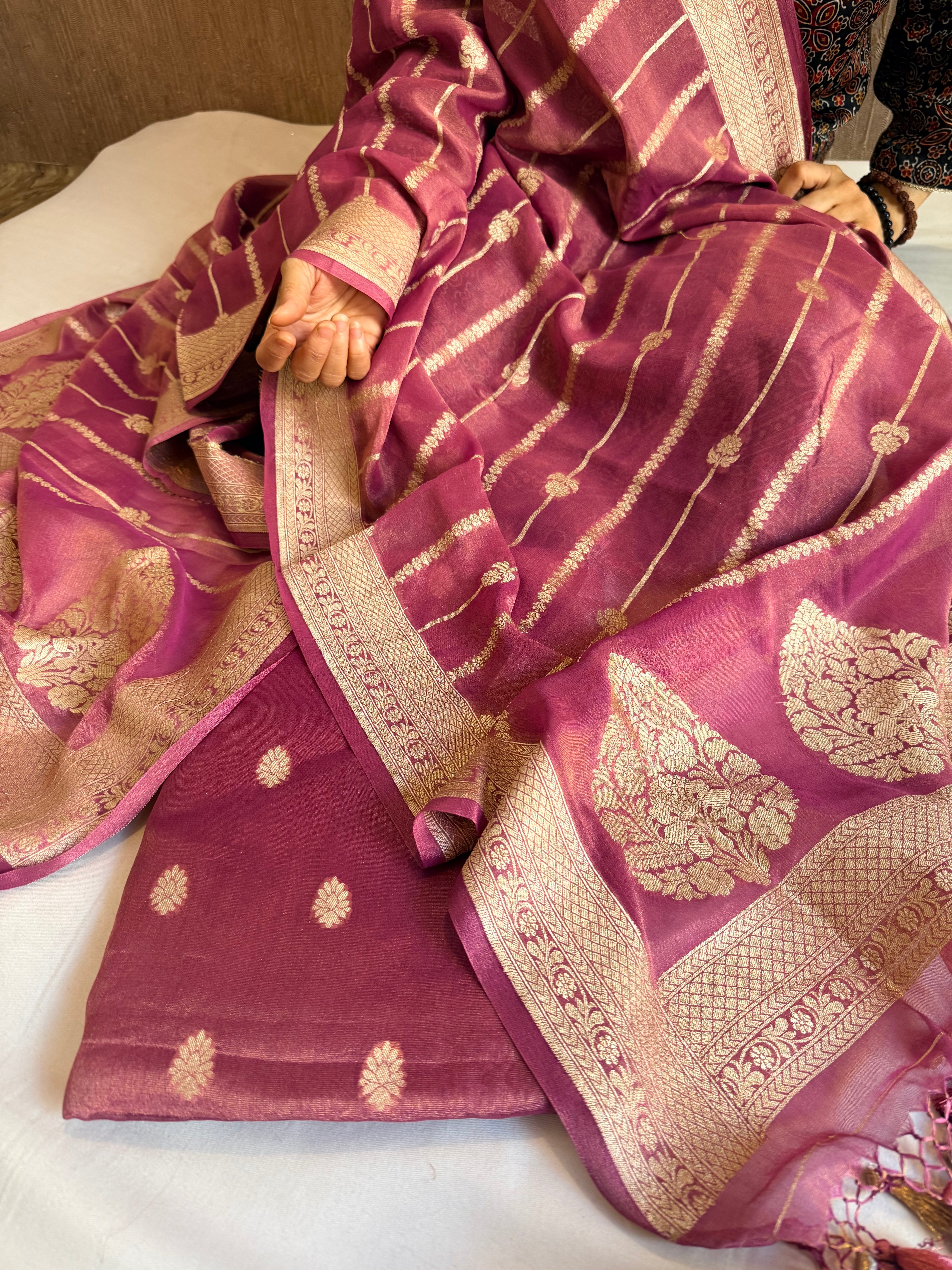 Deep purple banarasi tissue gorgette kadhwa suit set