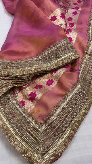 Maharani petal pink tissue tanchoi jamevar meenakari saree