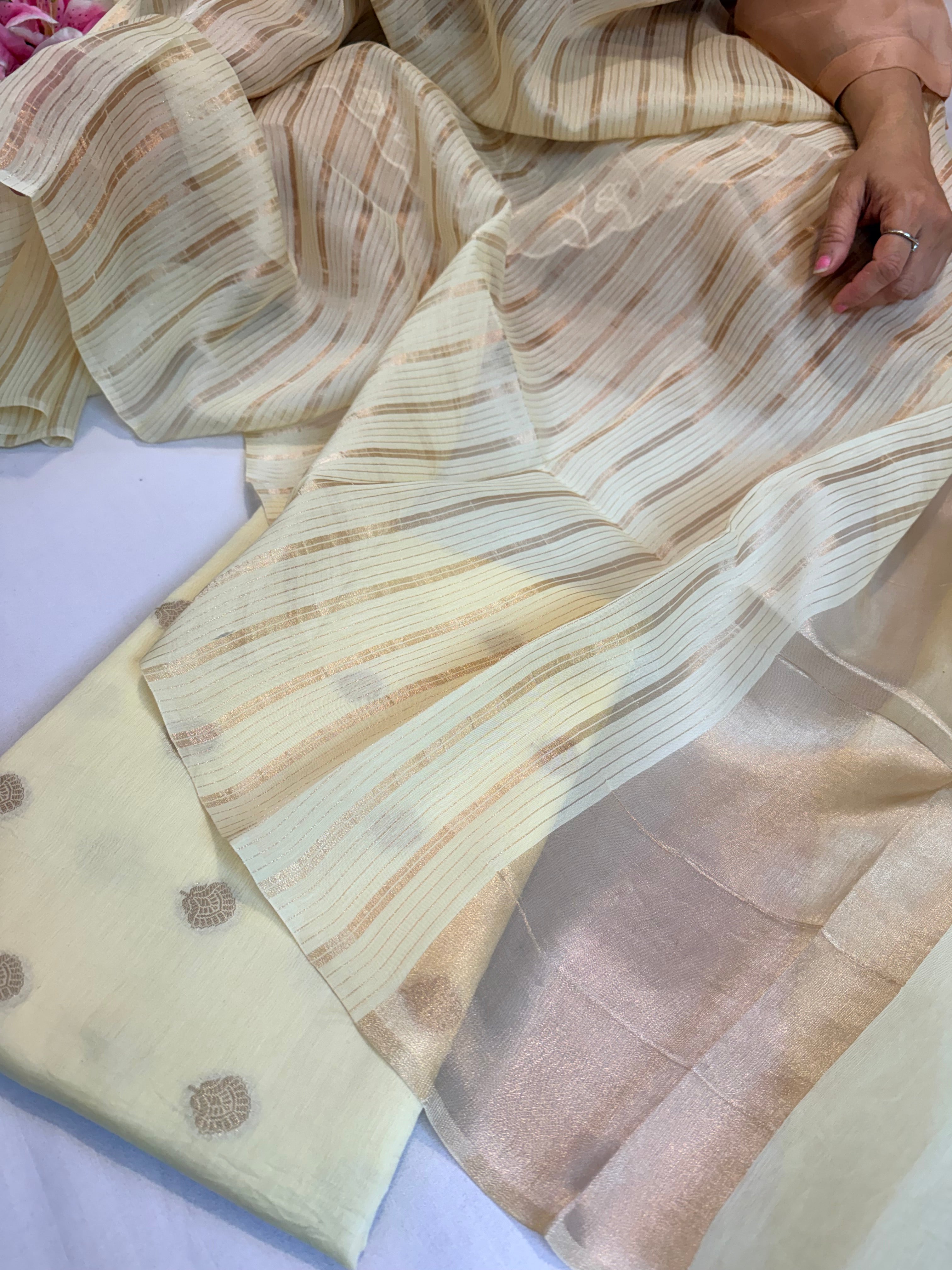 BELOW 8K - Lime yellow zari cotton striped kadhwa buti banarasi suit set