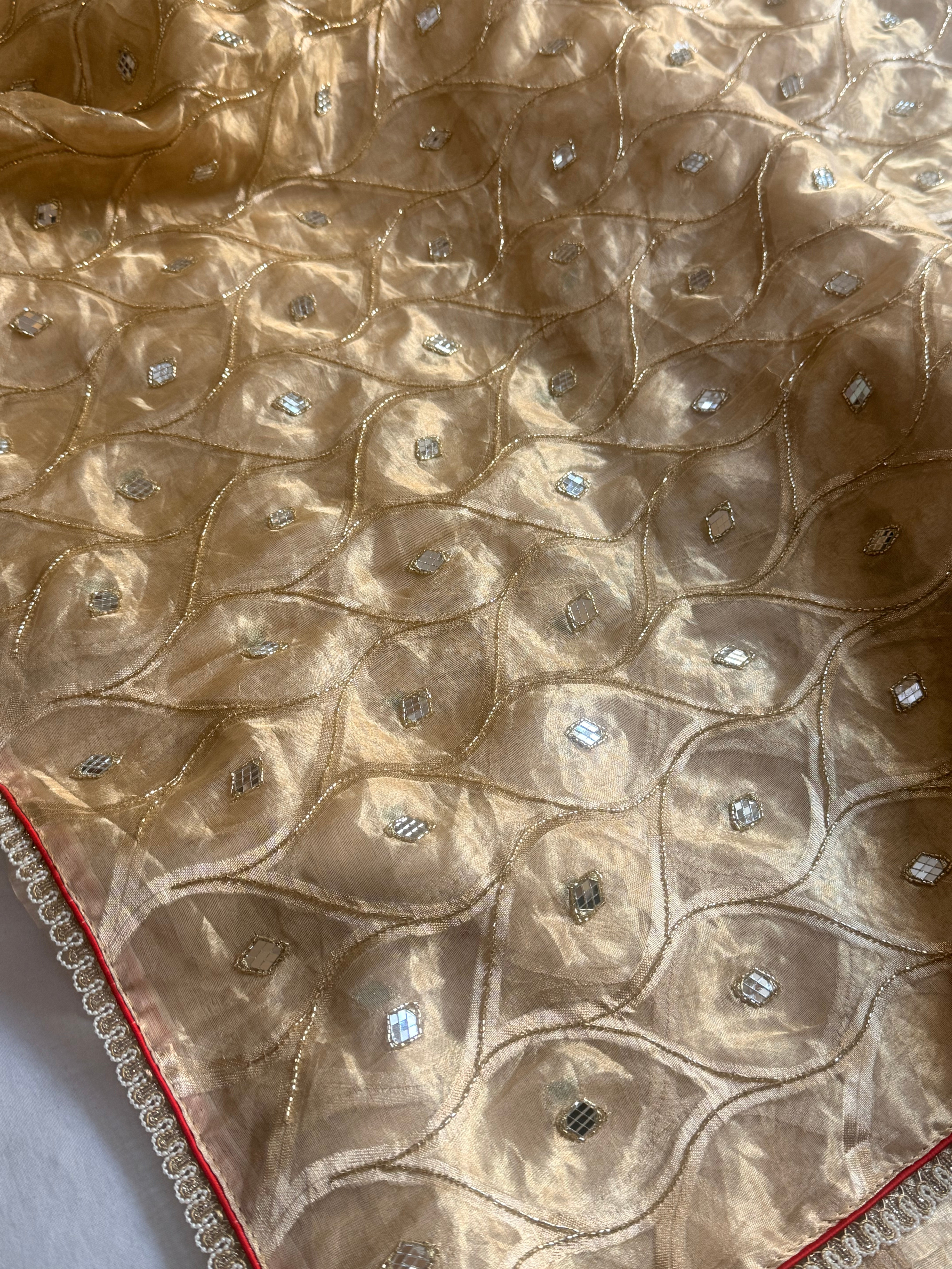 Butter gold tissue silk mirror work hand embroidered kadhwa saree