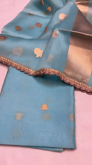 Pure banarasi firozi blue kora silk kadhwa buti stunning suit set with gotapatti work on duppata