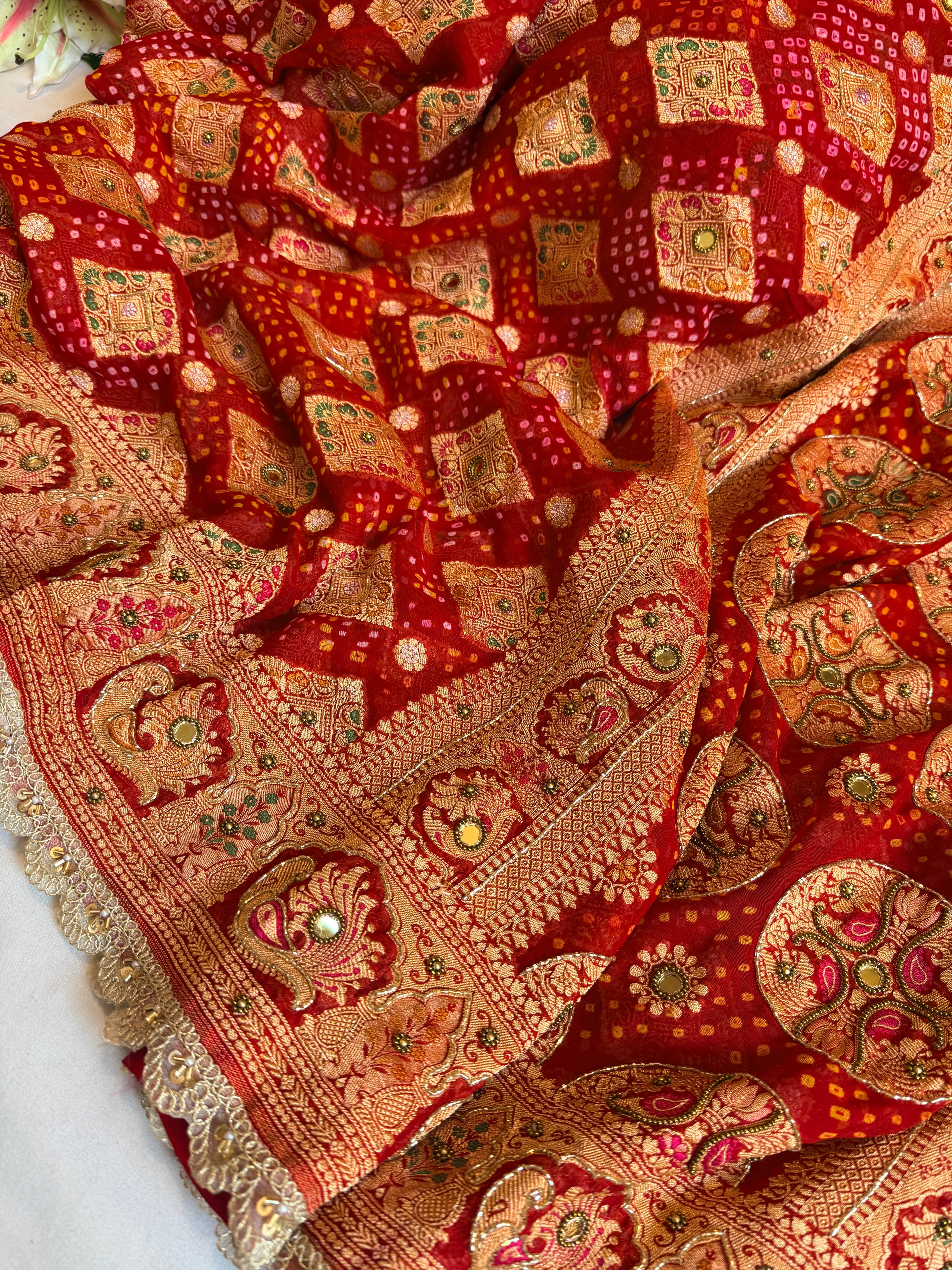 Bandhej saree ka sandook - Deep red shaded chiffon gorgette banarasi bandhej saree