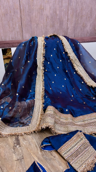 Mastani peacock blue tissue silk kadhwa buti dhup chao effect lehenga set