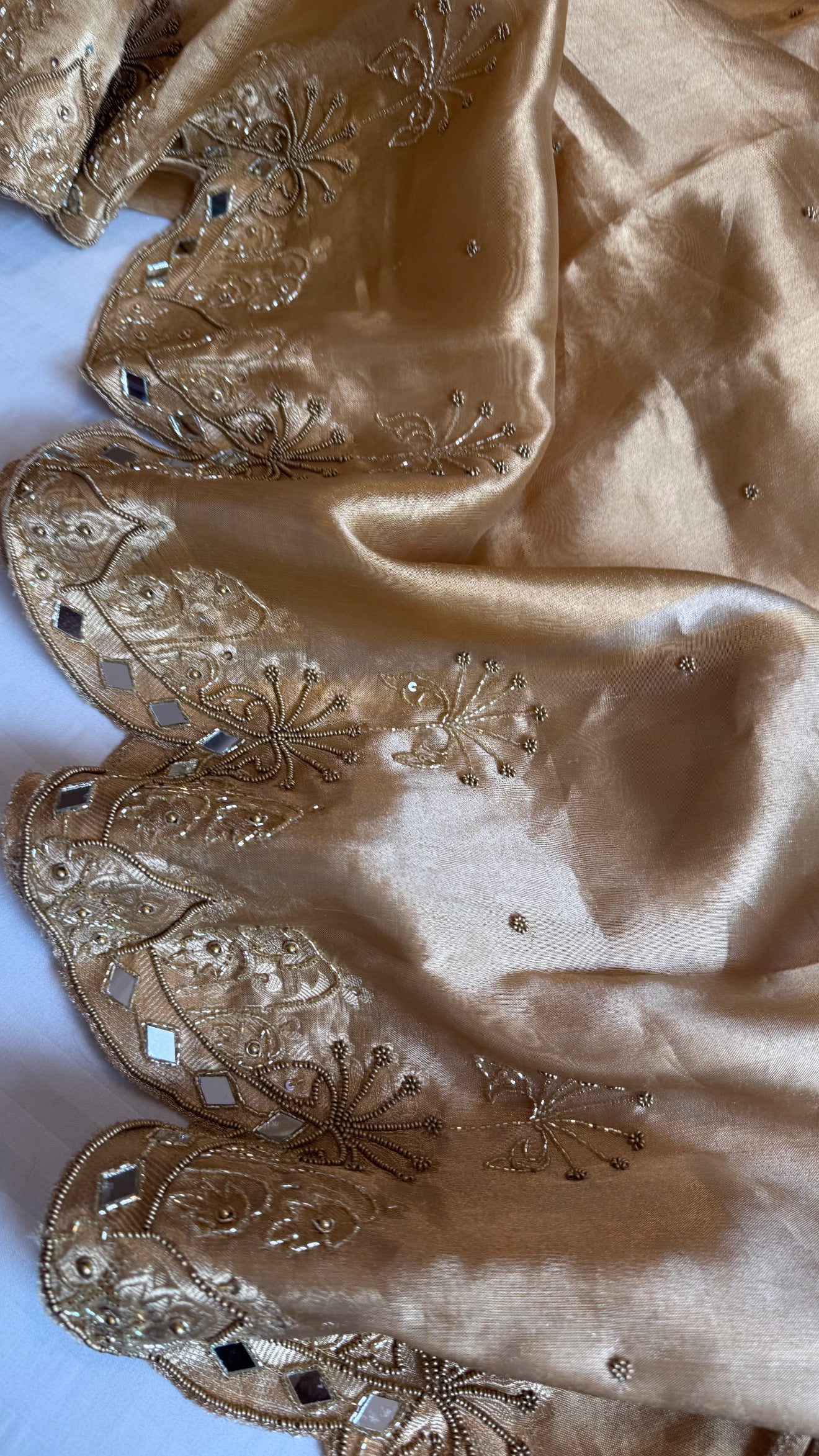 Husn champagne gold tissue silk heavy hand embroidered saree